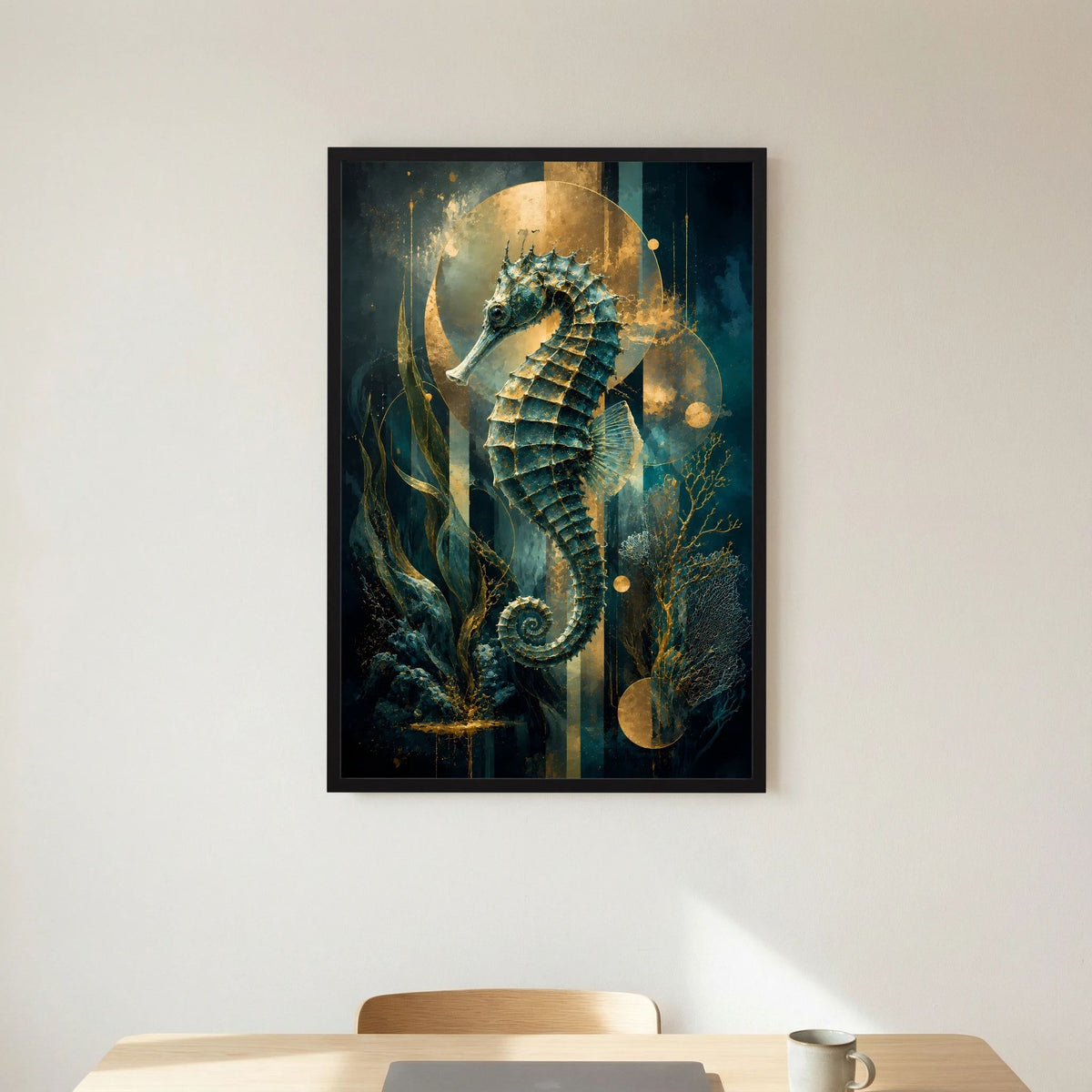 Hochformat-Poster mit goldenem Seepferdchen in Petrol, schwarzer Rahmen