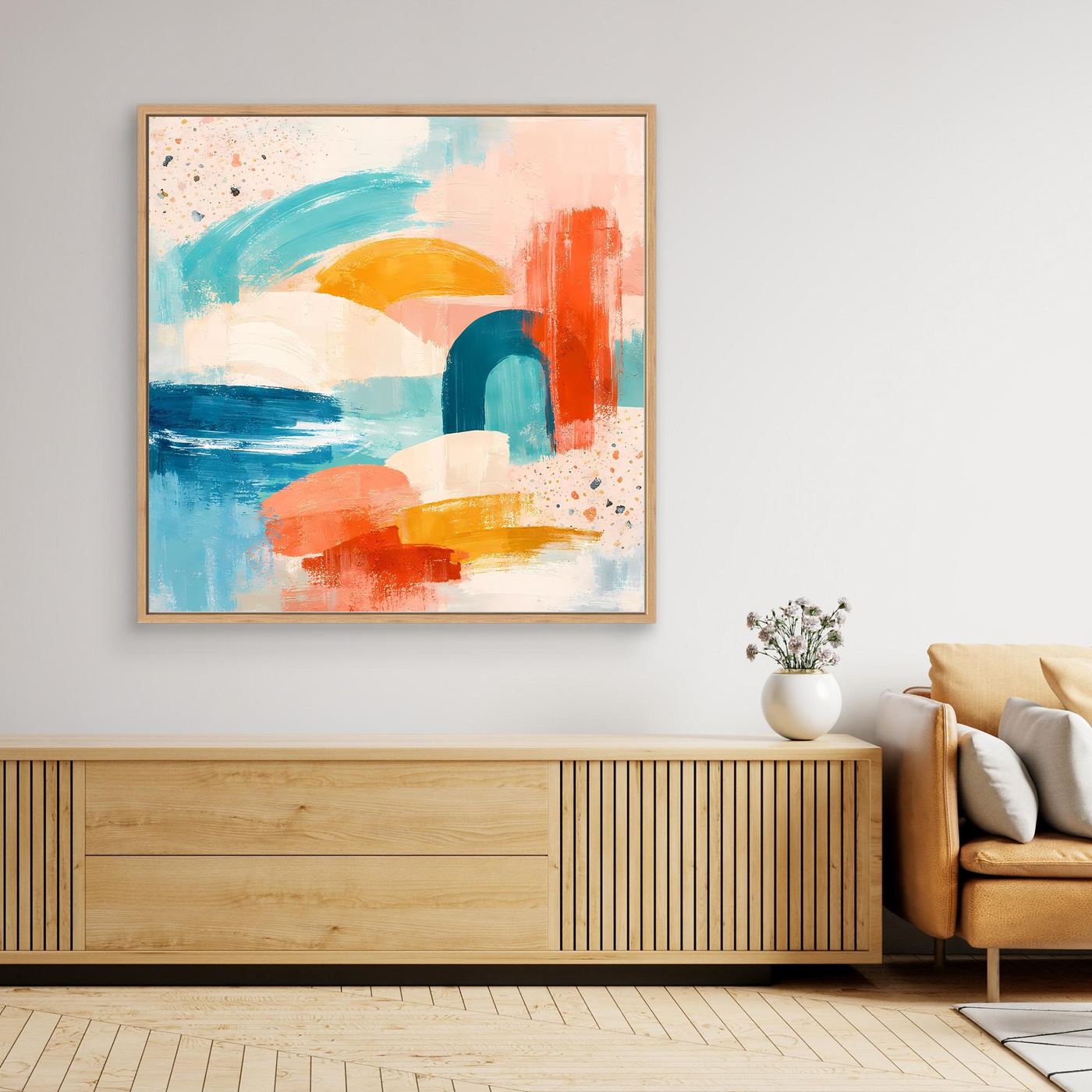 Abstract canvas wall art with pastel geometric shapes, terrazzo texture, oak frame