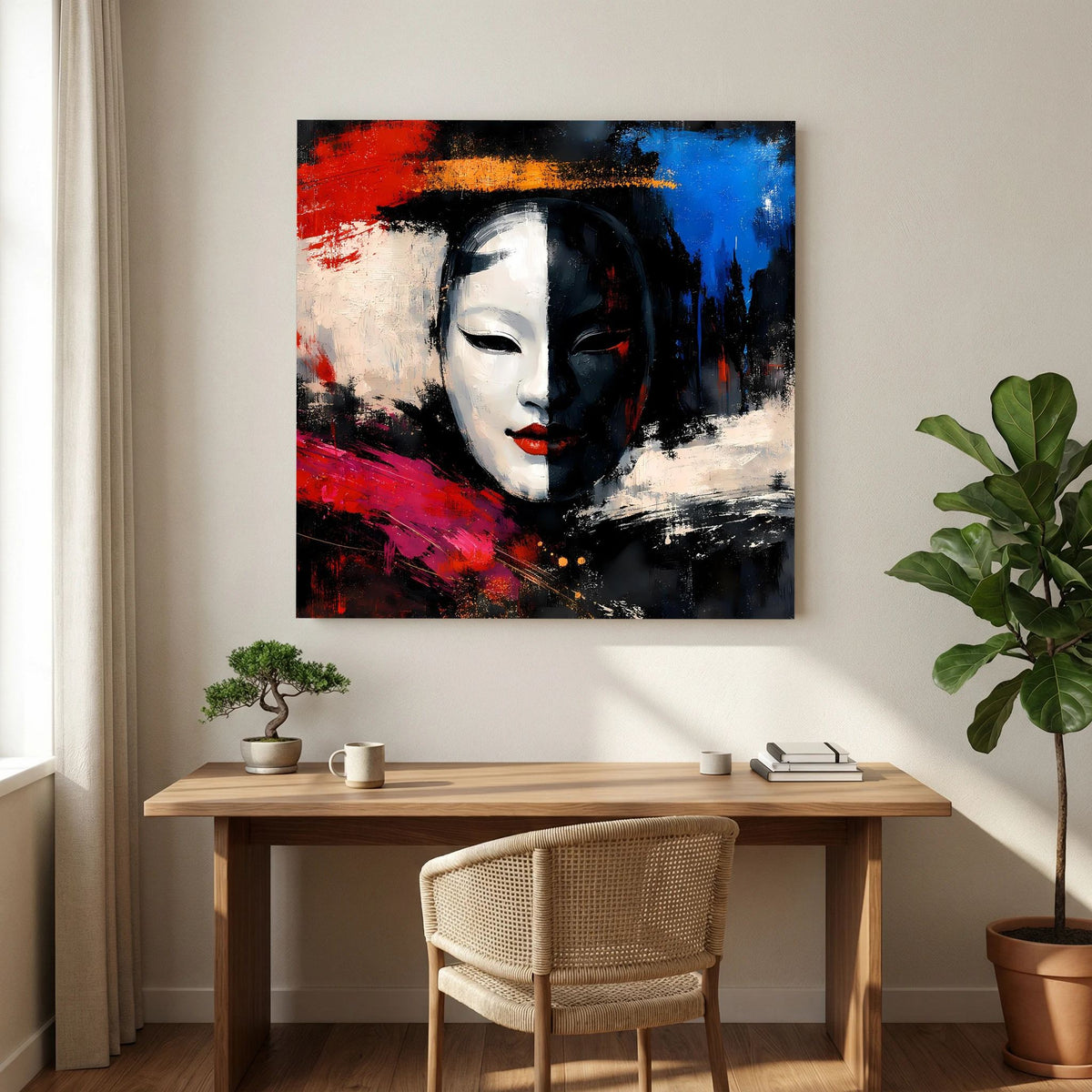 Leinwandbild mit Geisha-Maske: weißes Porträt, schwarze Konturen, kräftige Rot- und Blauspuren