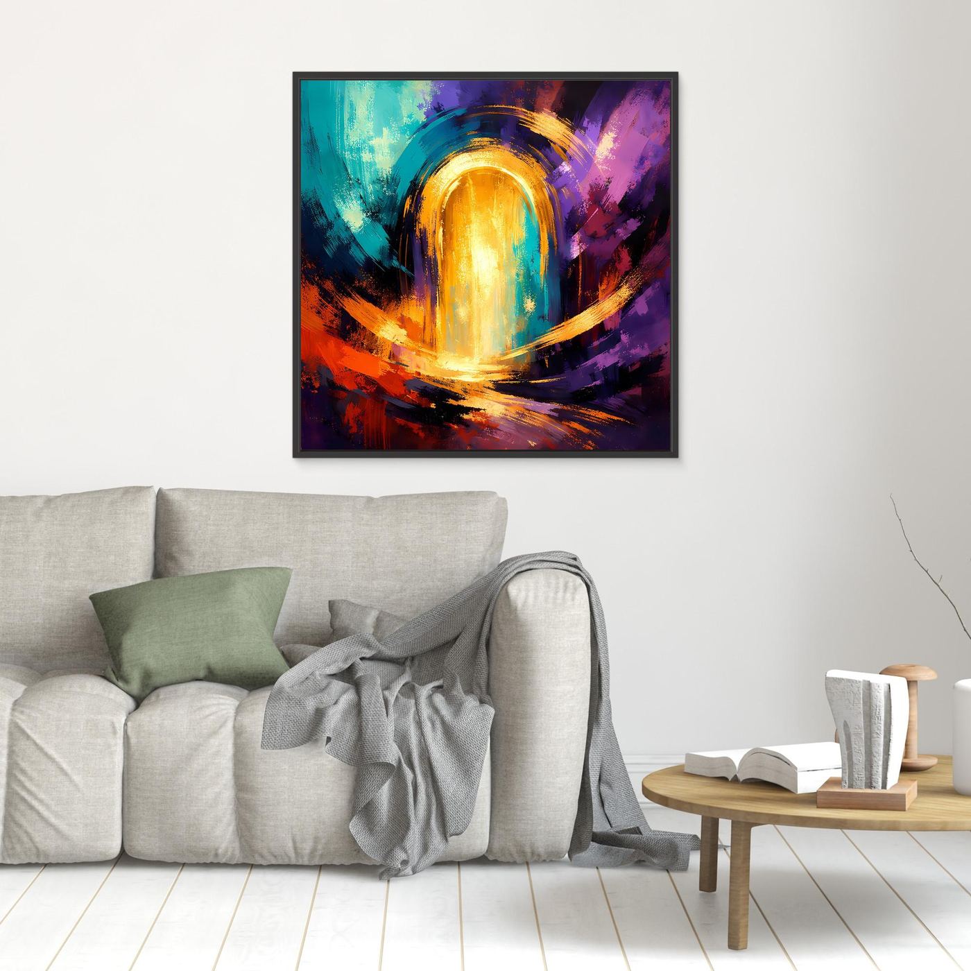 Abstraktes Leinwand-Wandbild mit goldenem Lichtportal, farbige Pinselstriche, schwarzer Rahmen
