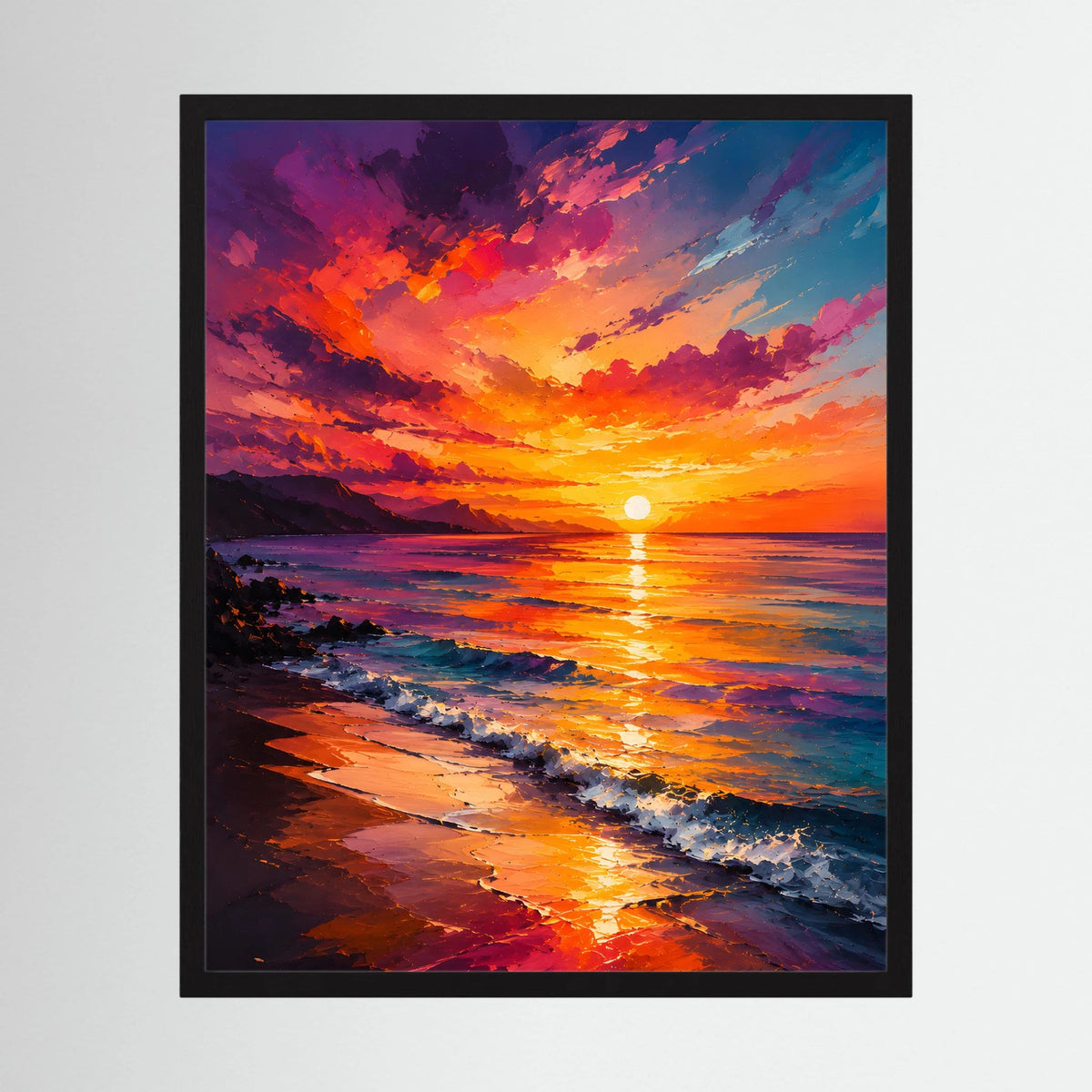 Gerahmtes Kunstposter im Hochformat: Sonnenuntergang am Meer, orange und violett, Strand