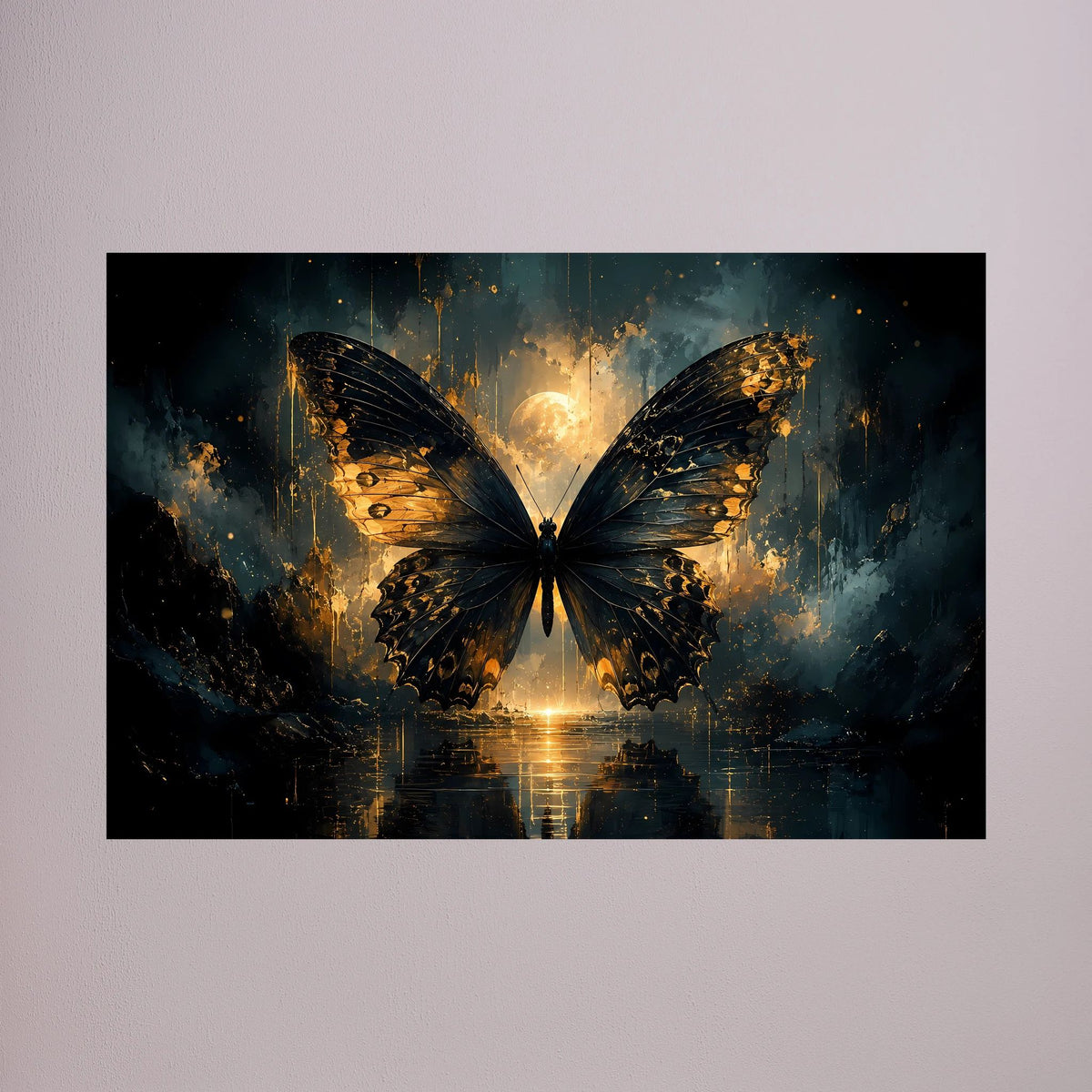Wandposter mit gold-schwarzen Schmetterflügeln und goldener Lichtquelle