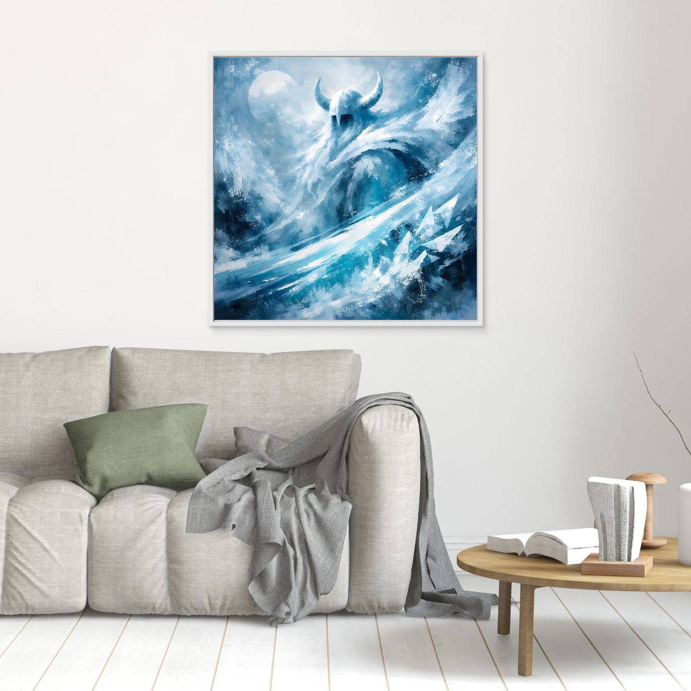 Leinwandbild mit frostigem Wikinger-Motiv in Blau, ohne erkennbaren Rahmen