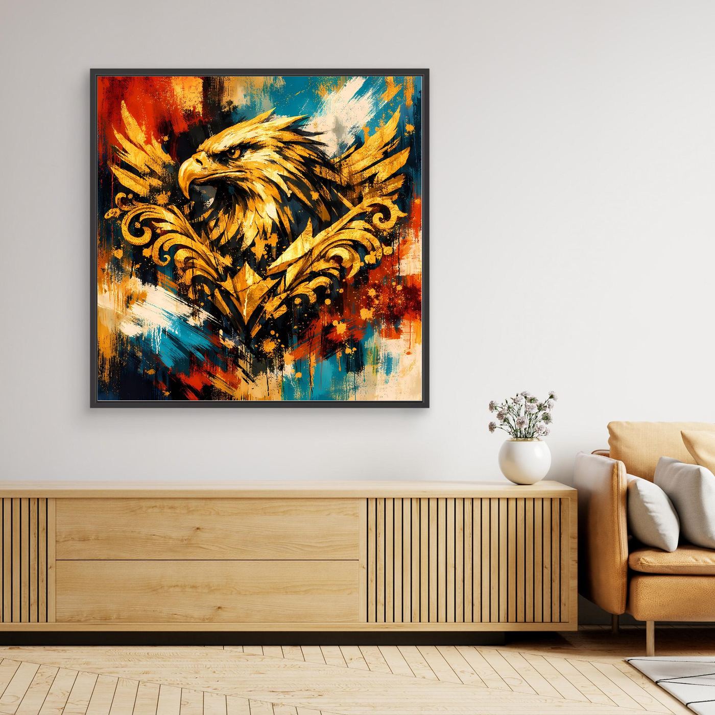 Barockes Leinwand-Wandbild mit goldenem Adler, abstrakter Farbmix, schwarzer Rahmen