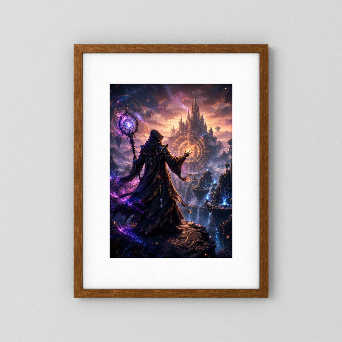 Kunstposter im Hochformat im braunen Holzrahmen: dunkler Magier mit Stab, Burg im Nebel