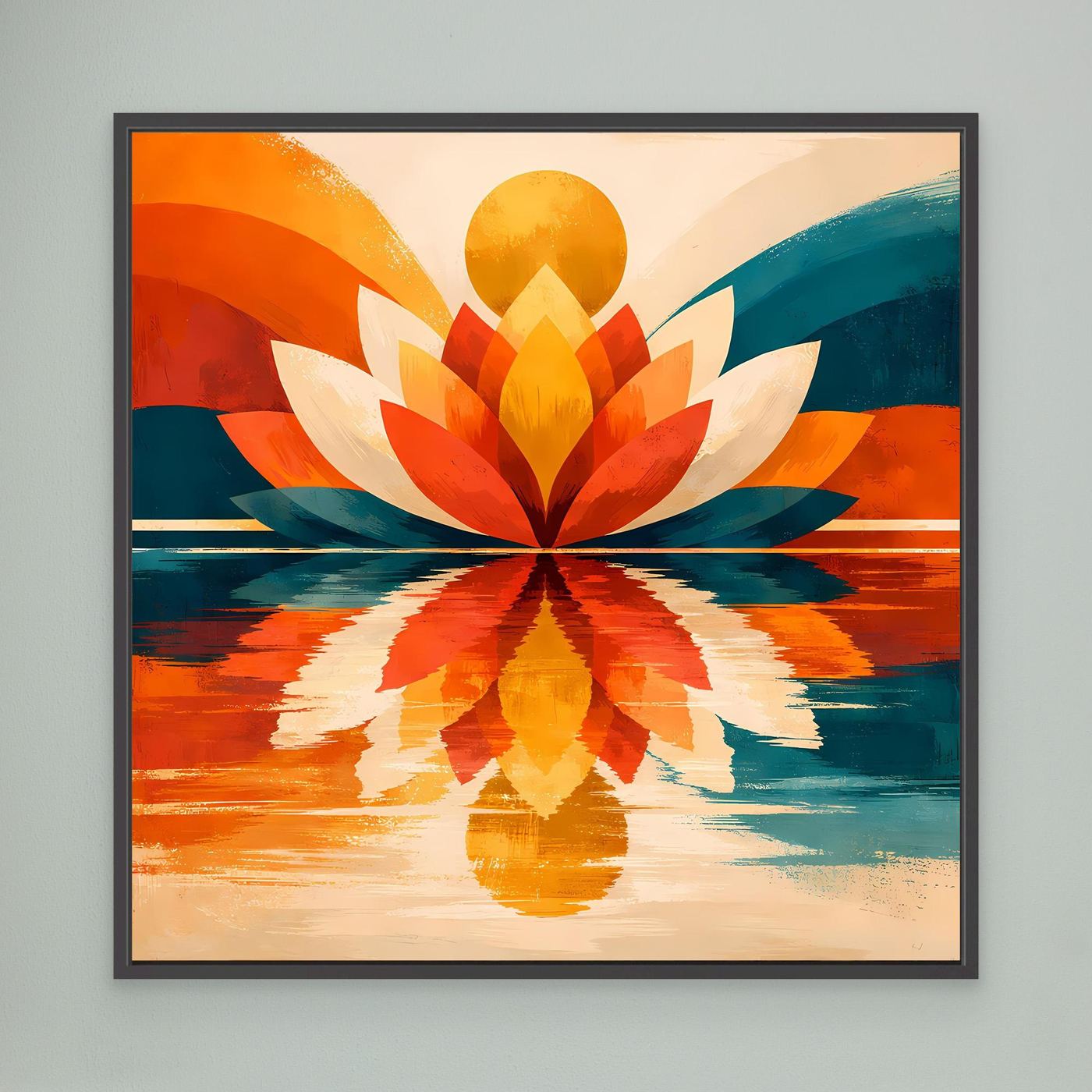Leinwandbild mit symmetrischem Lotus in Orange, Gelb und Türkis, schwarz gerahmt