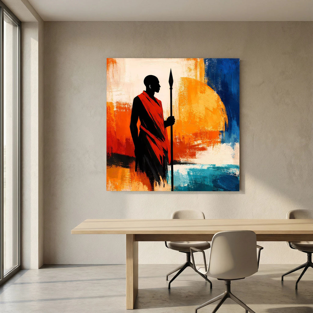 Wandbild mit schwarzer Krieger-Silhouette, rotem Überwurf und Speer in orange-blauer Farbgestaltung