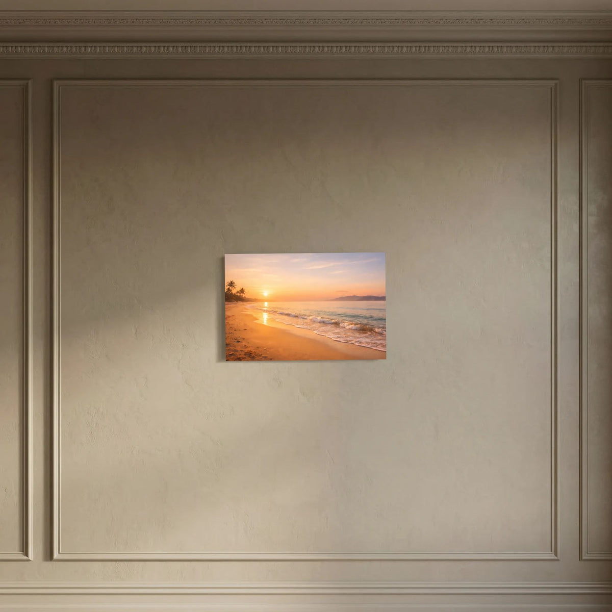 Wandbild Querformat mit Strand-Sonnenuntergang in warmen Tönen