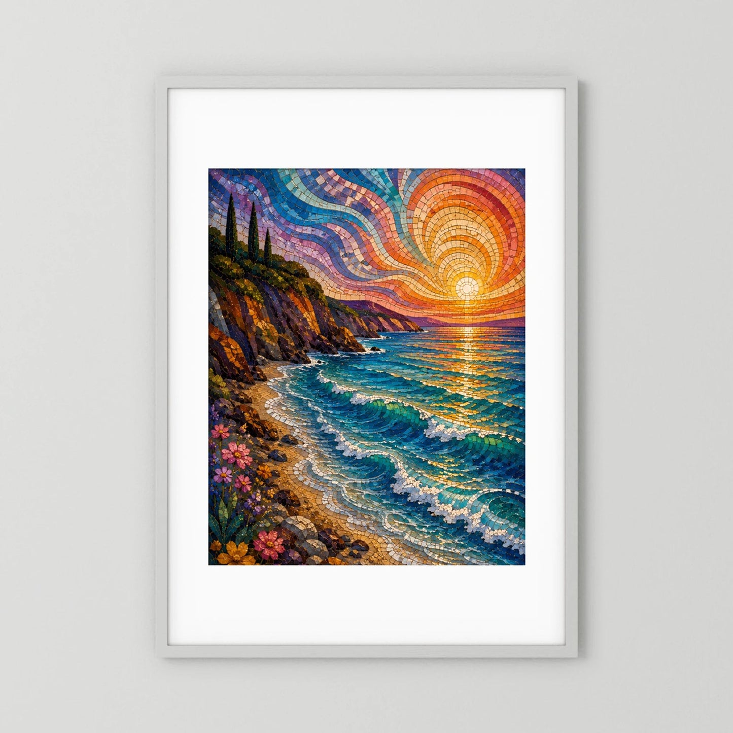 Mediterrane Küste im Mosaikstil | Sonnenuntergang am türkisblauen Meer | Poster Hochformat