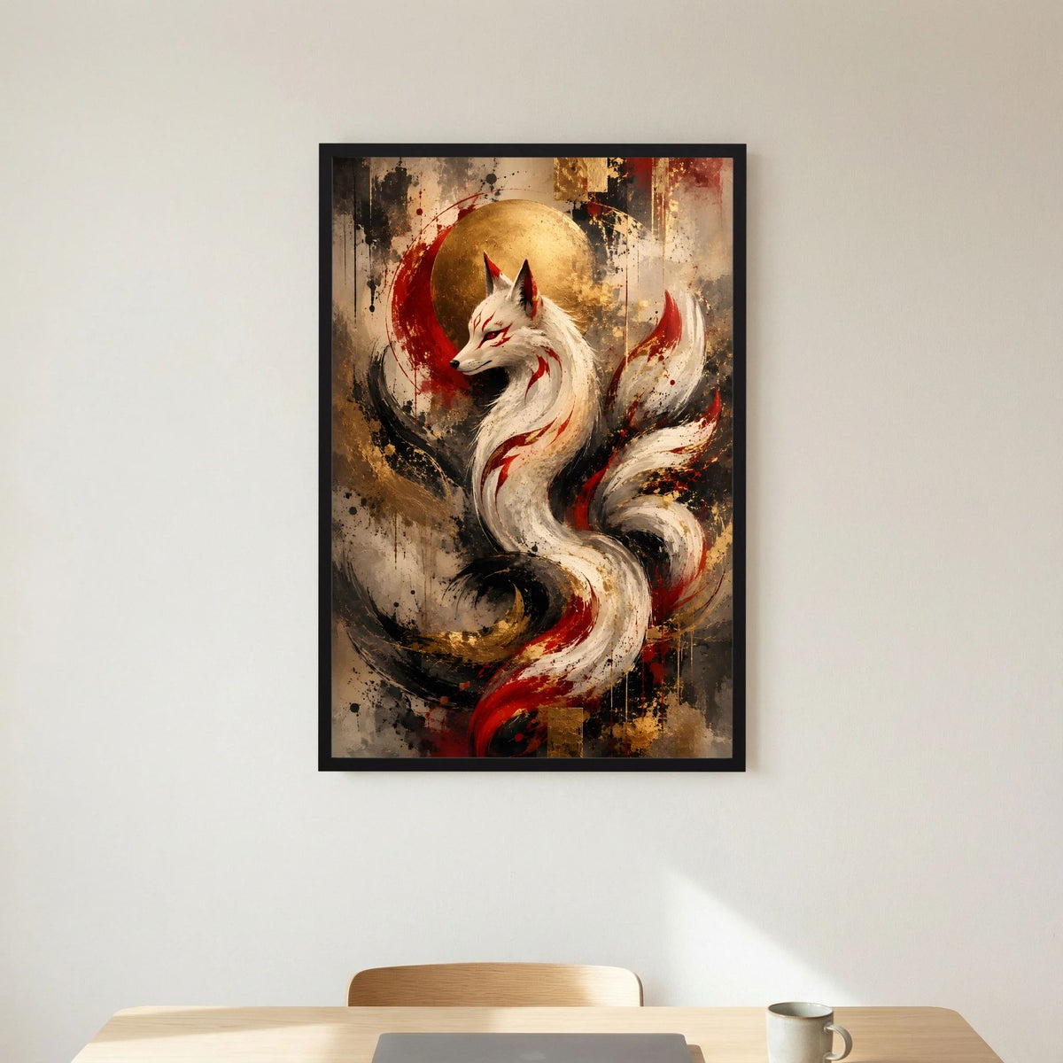 Kunstposter im Hochformat mit weißem Fuchs, roter und goldener Farbfläche, schwarzer Rahmen.