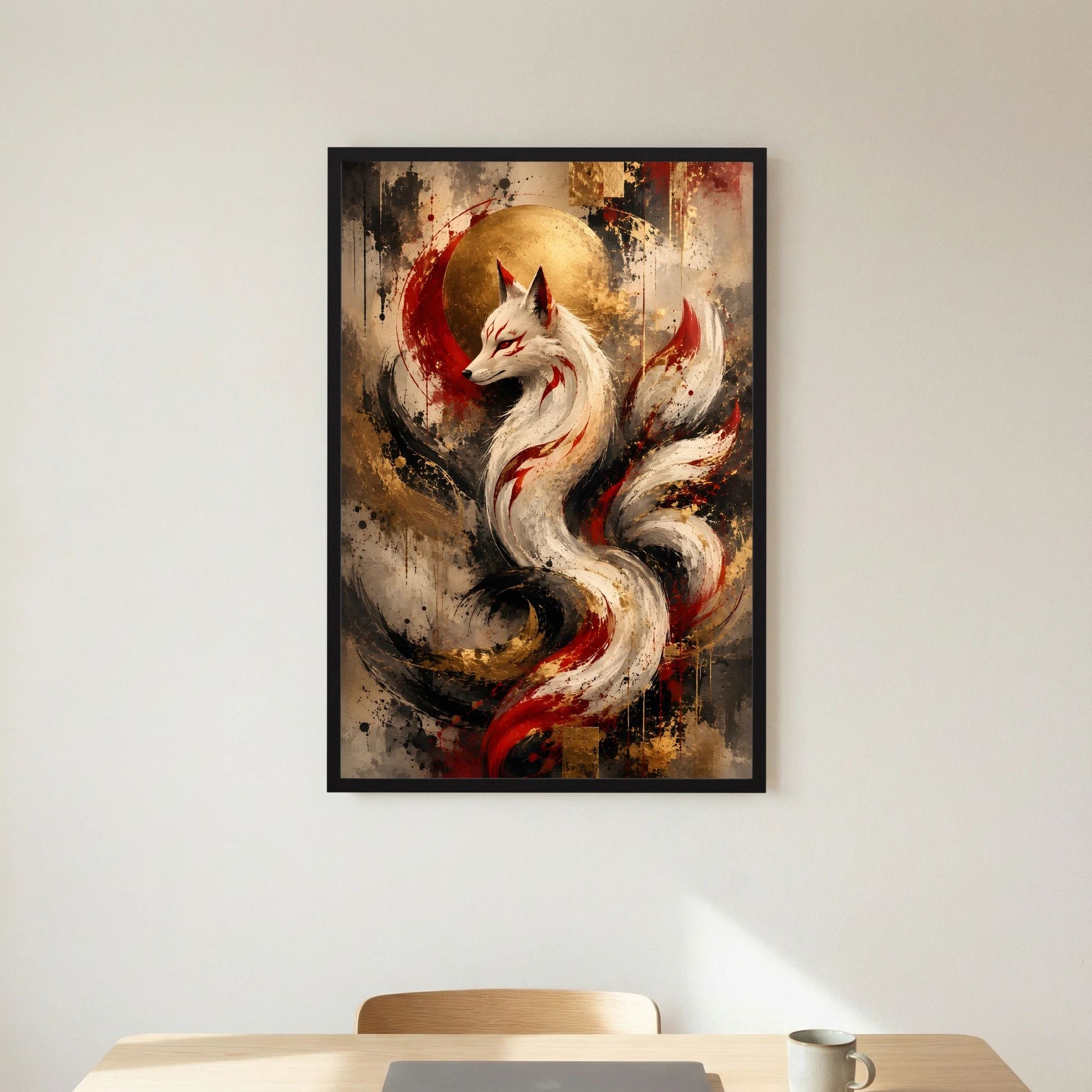 Kunstposter im Hochformat mit weißem Fuchs, roter und goldener Farbfläche, schwarzer Rahmen.