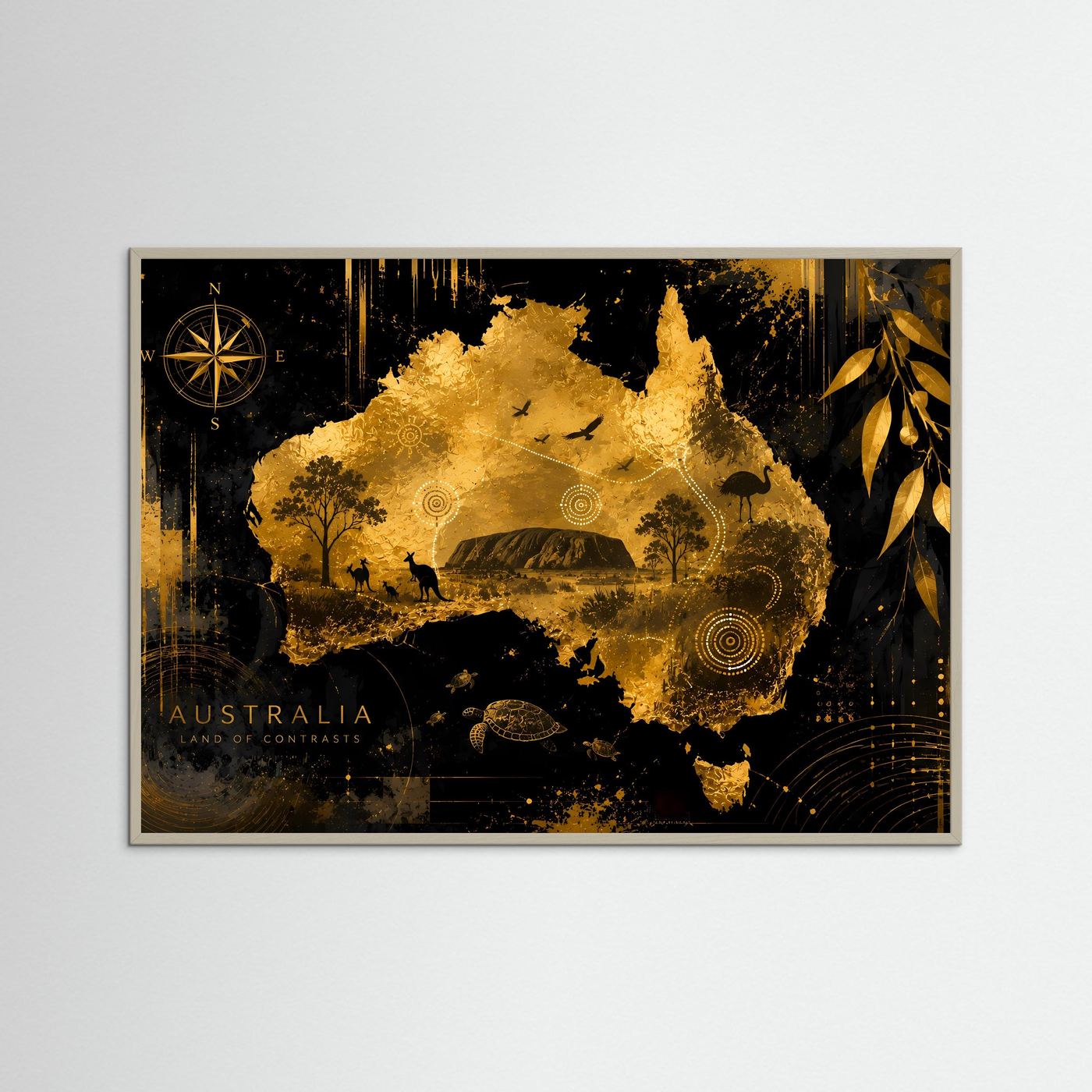 Poster mit abstrakter Australienkarte in Schwarz und Gold im grauen Rahmen