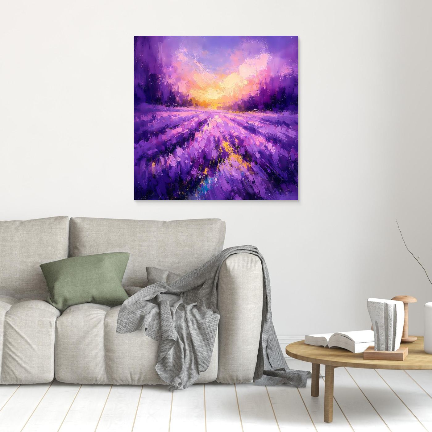 Lavendel-Wandbild auf Leinwand mit hellem Holzrahmen, abstrakter Sonnenaufgang über dem Feld