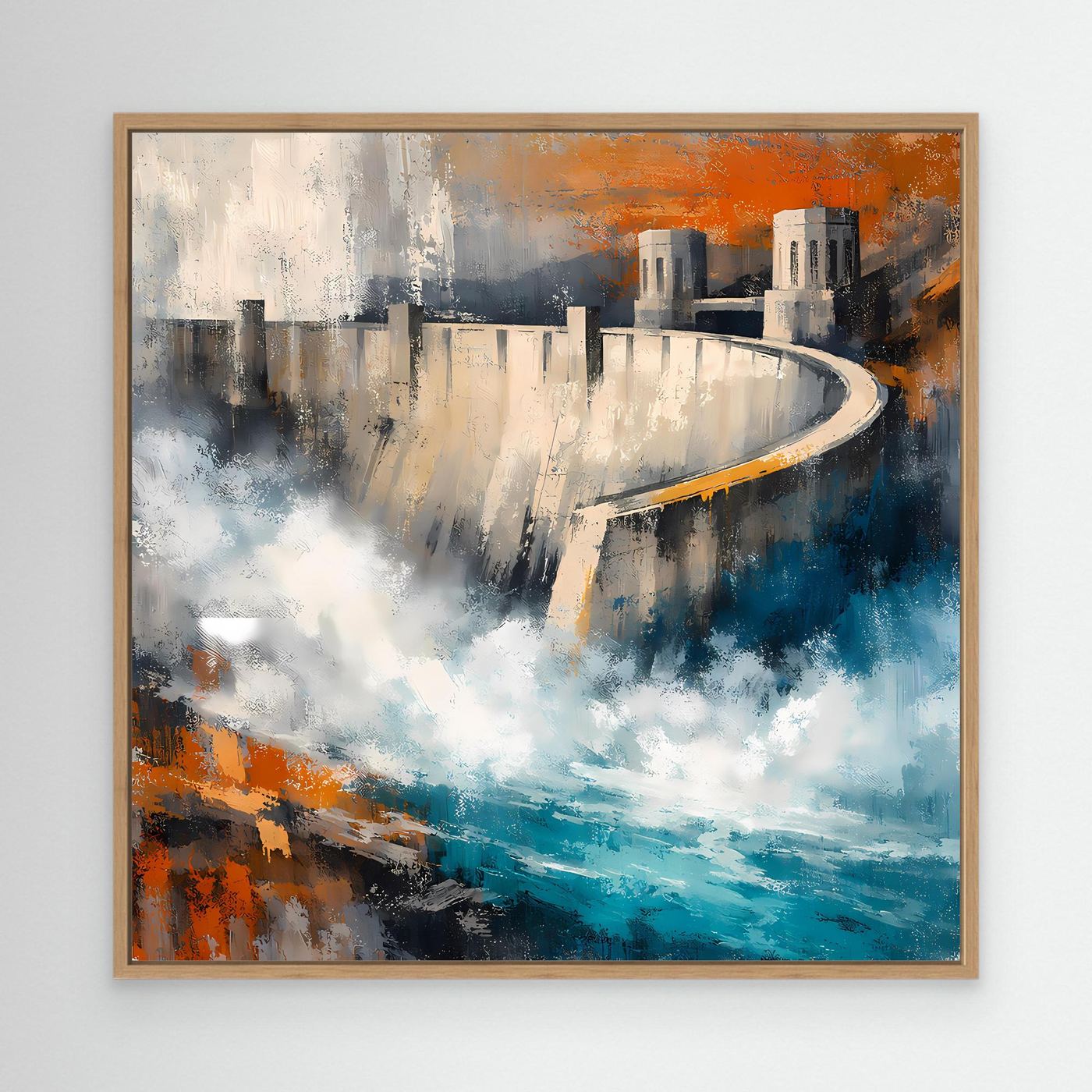 Abstraktes Leinwandbild Talsperre mit Damm, Holzrahmen (Eiche) und Blau-Orange