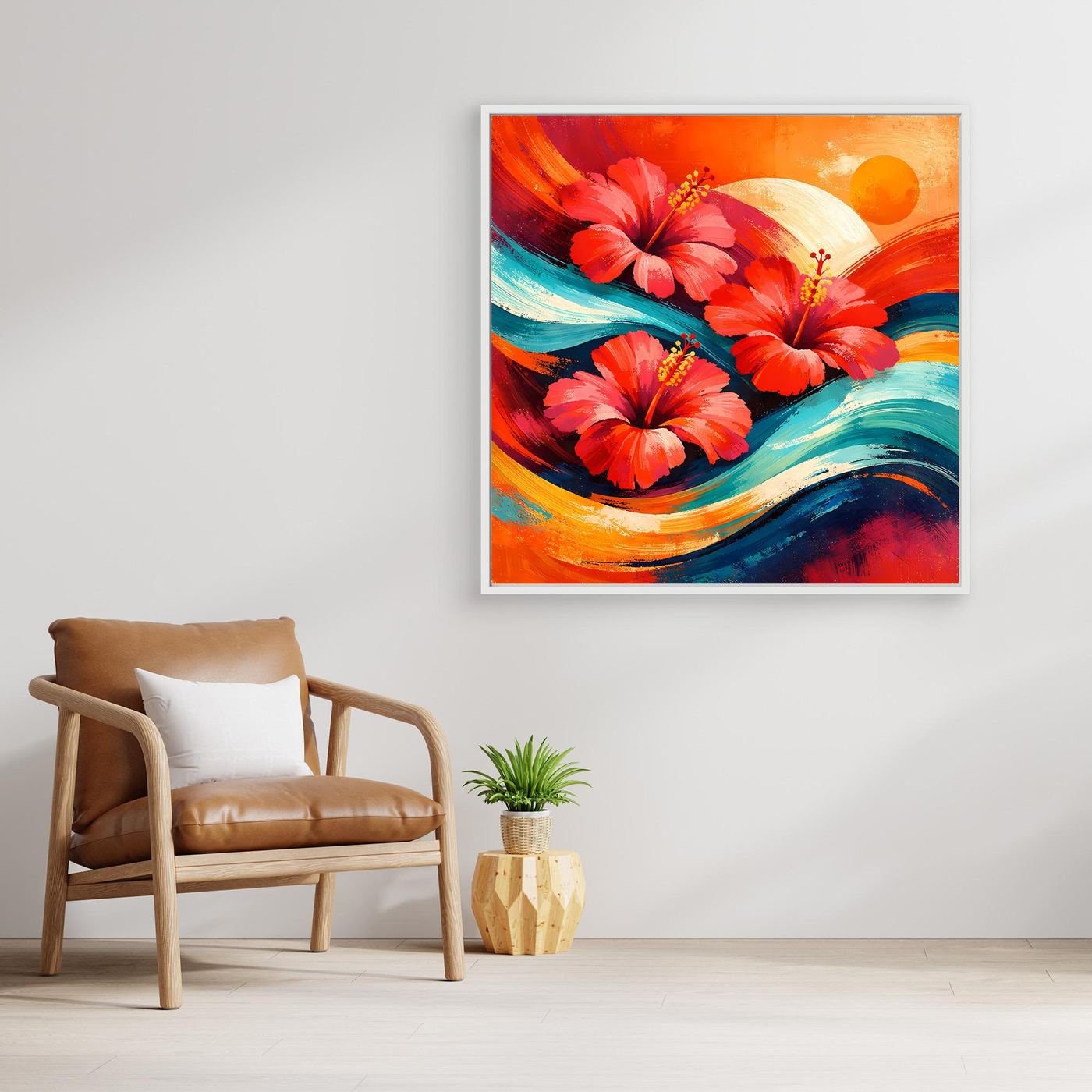 Leinwandbild mit roten Hibiskusblüten und bunten Wellen, weißer Rahmen