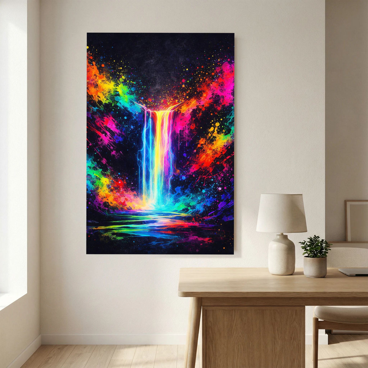 Neon-Wandposter mit abstraktem Wasserfall, leuchtende Farbexplosion, Hochformat