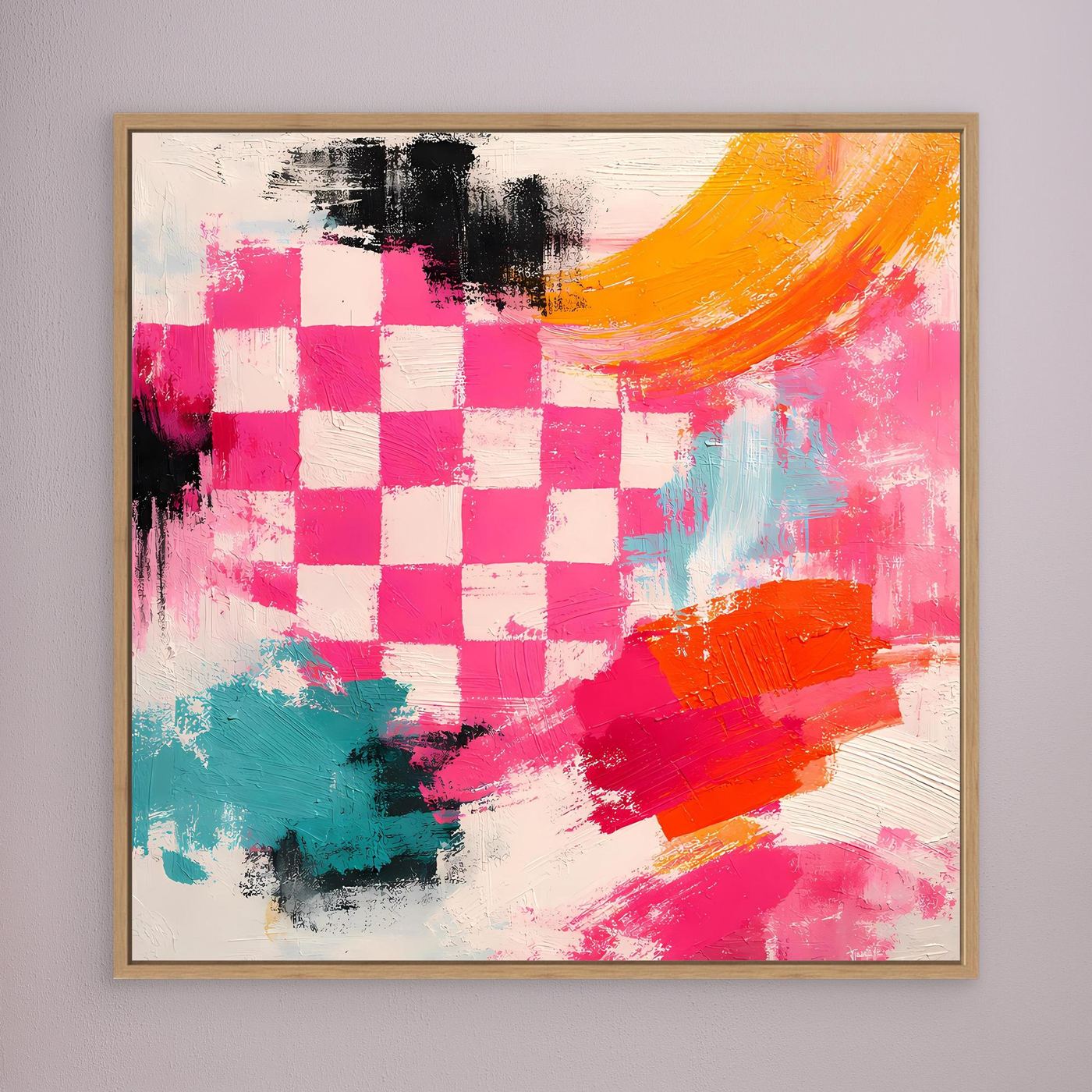 Abstraktes Leinwand-Wandbild mit Schachbrettmuster, pink-gelb-grün, braun gerahmt.