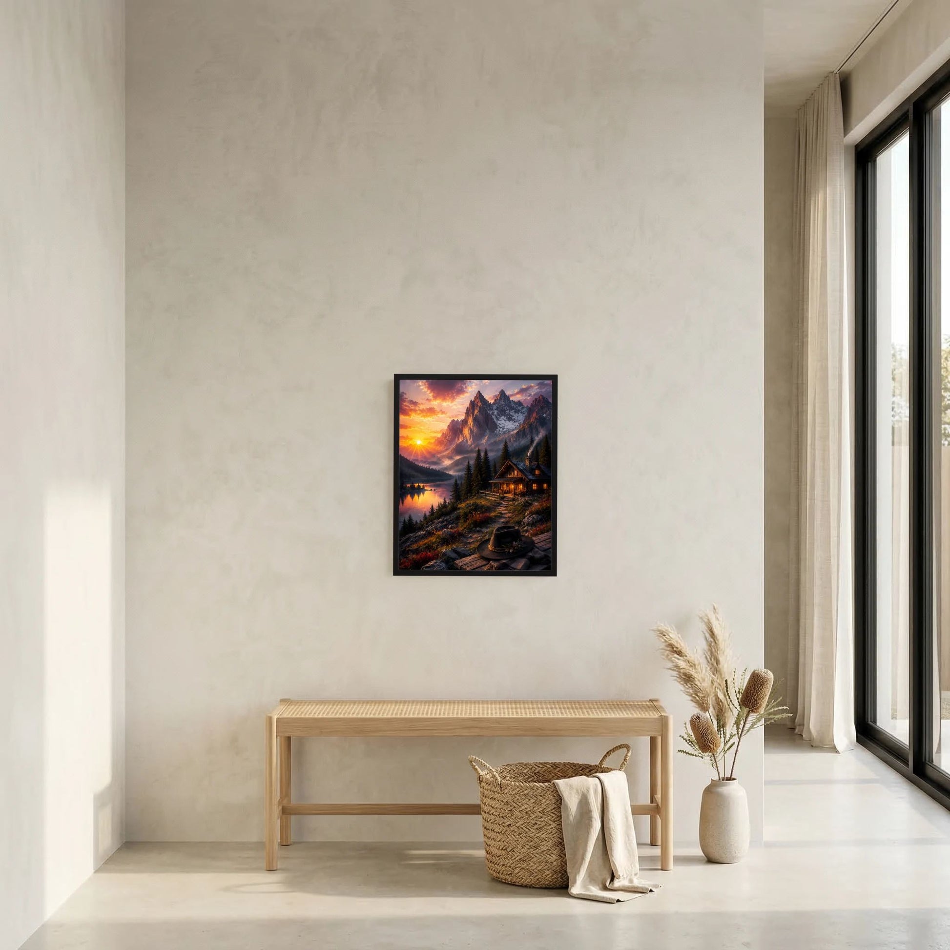 Hochformat-Poster mit Bergsee, Sonnenuntergang und Berghütte im schwarzen Rahmen