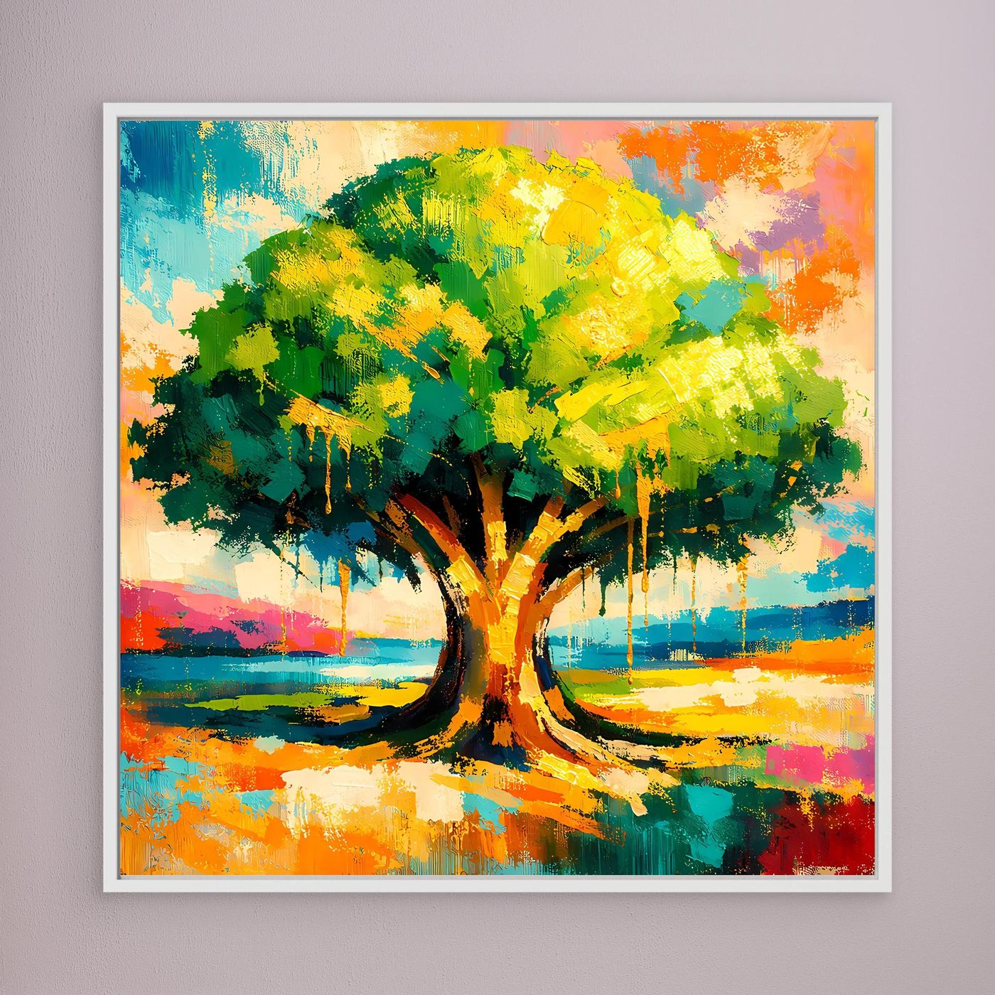 Leinwandbild mit abstraktem Baum im Farbverlauf, weiß gerahmt