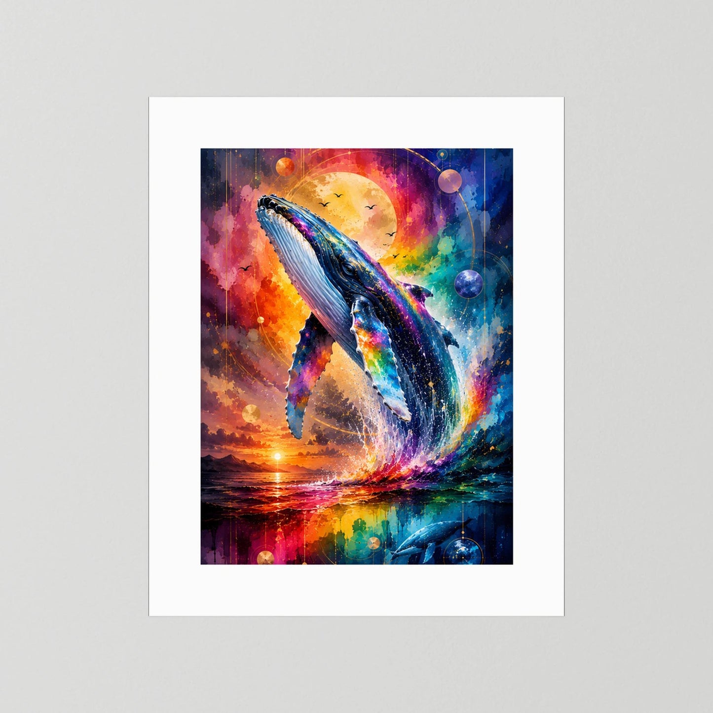 Hochformat-Poster mit Regenbogenwal im Galaxie-Motiv, ohne Rahmen