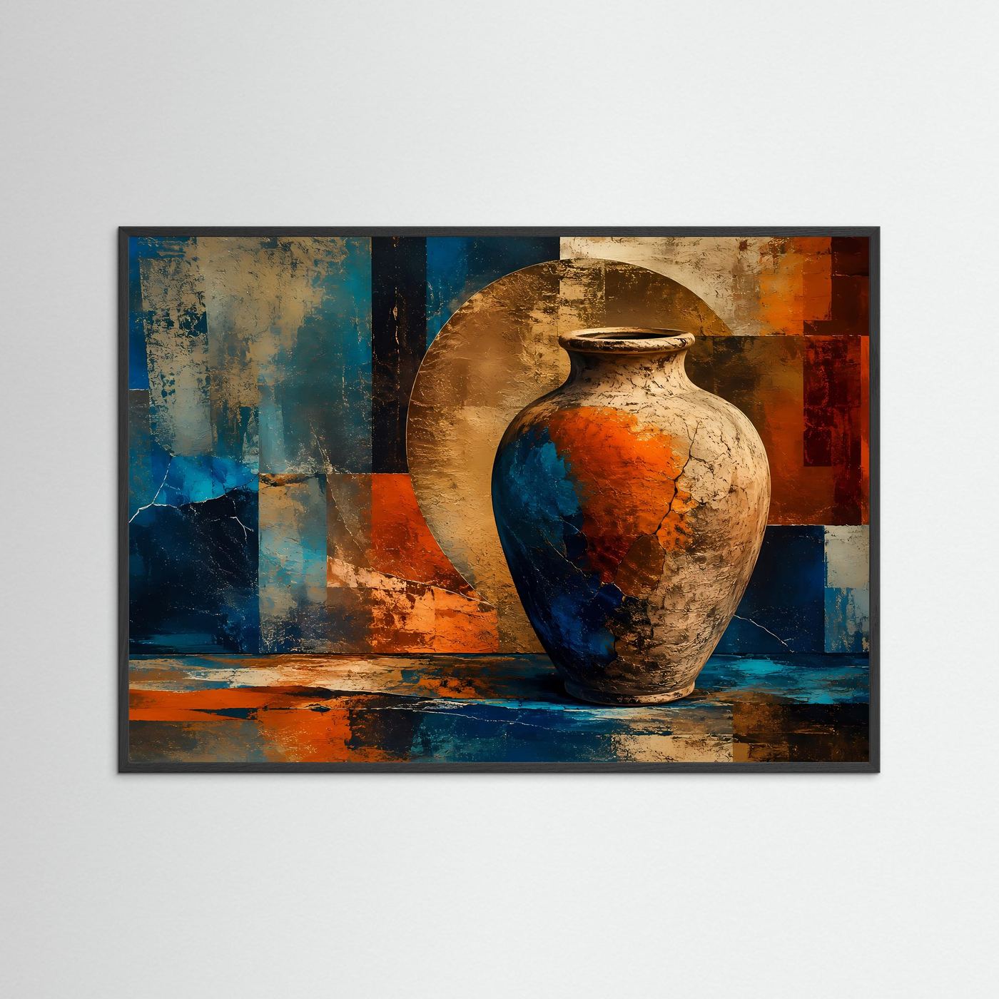 Abstrakte Keramik Vase Poster | Moderne Stillleben Wandkunst | Geometrische Fine Art | Boho Minimalismus | Terrakotta Blau Gold | Premium Wandbild