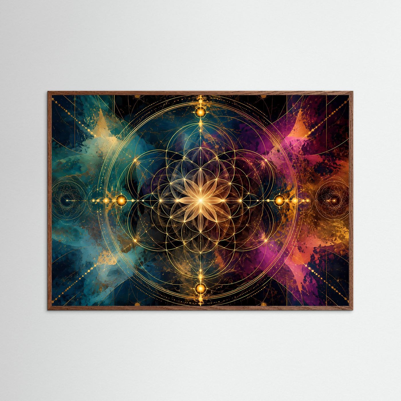 Querformat-Poster mit goldener Blume-des-Lebens-Optik, in dunklem Eichenrahmen