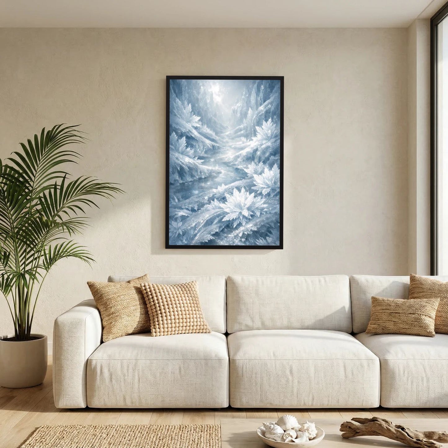 Winterlandschafts-Poster mit eisblauen Eiskristallen im Schnee, schwarzer Rahmen