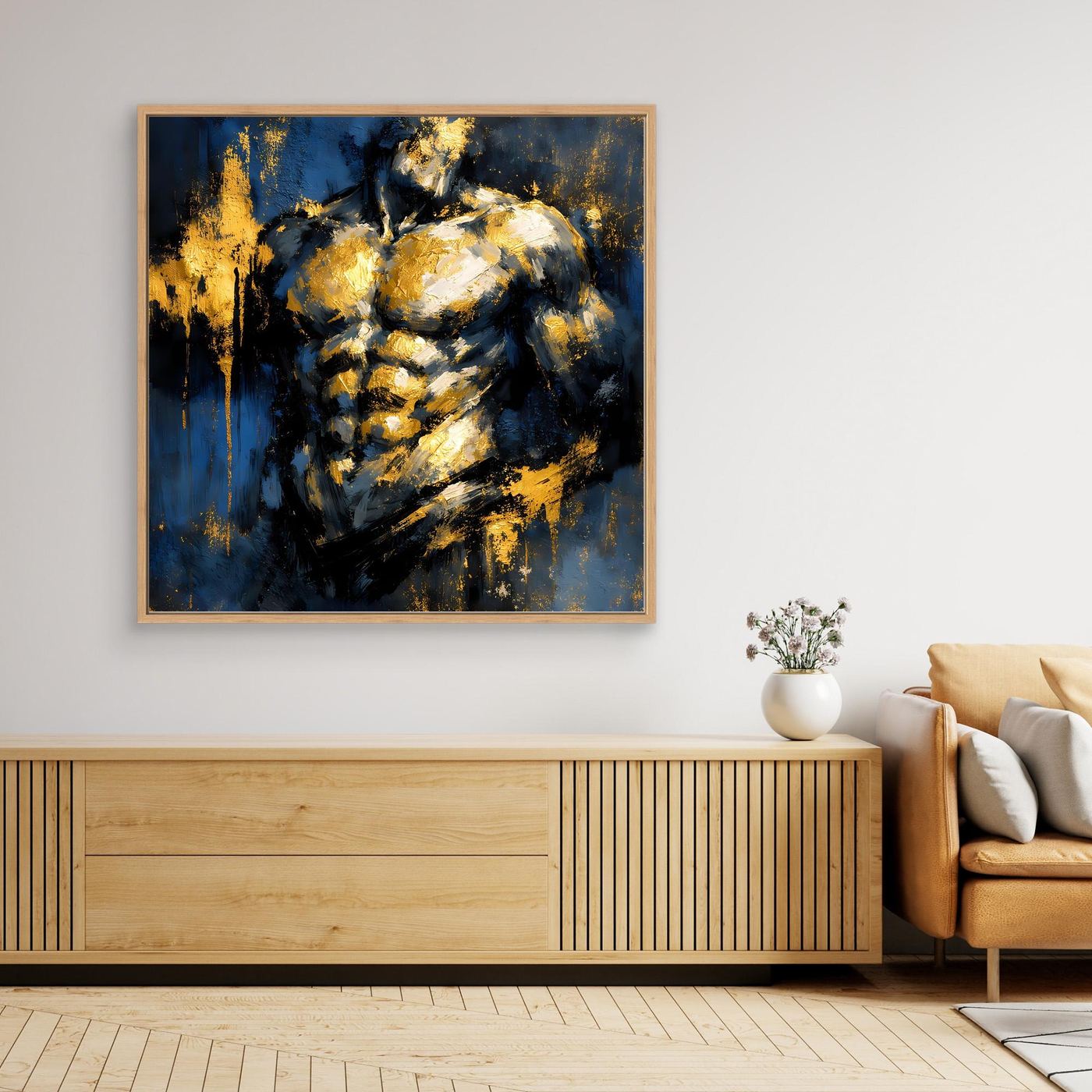 Leinwand Kraftvoller Männlicher Torso in Gold und Blau | Abstraktes Bodybuilding Wandbild