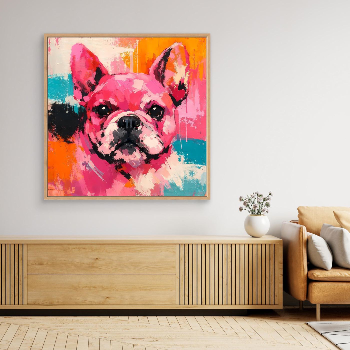 Abstract French bulldog portrait canvas wall art in a light wood frame; pink face with teal and orange paint