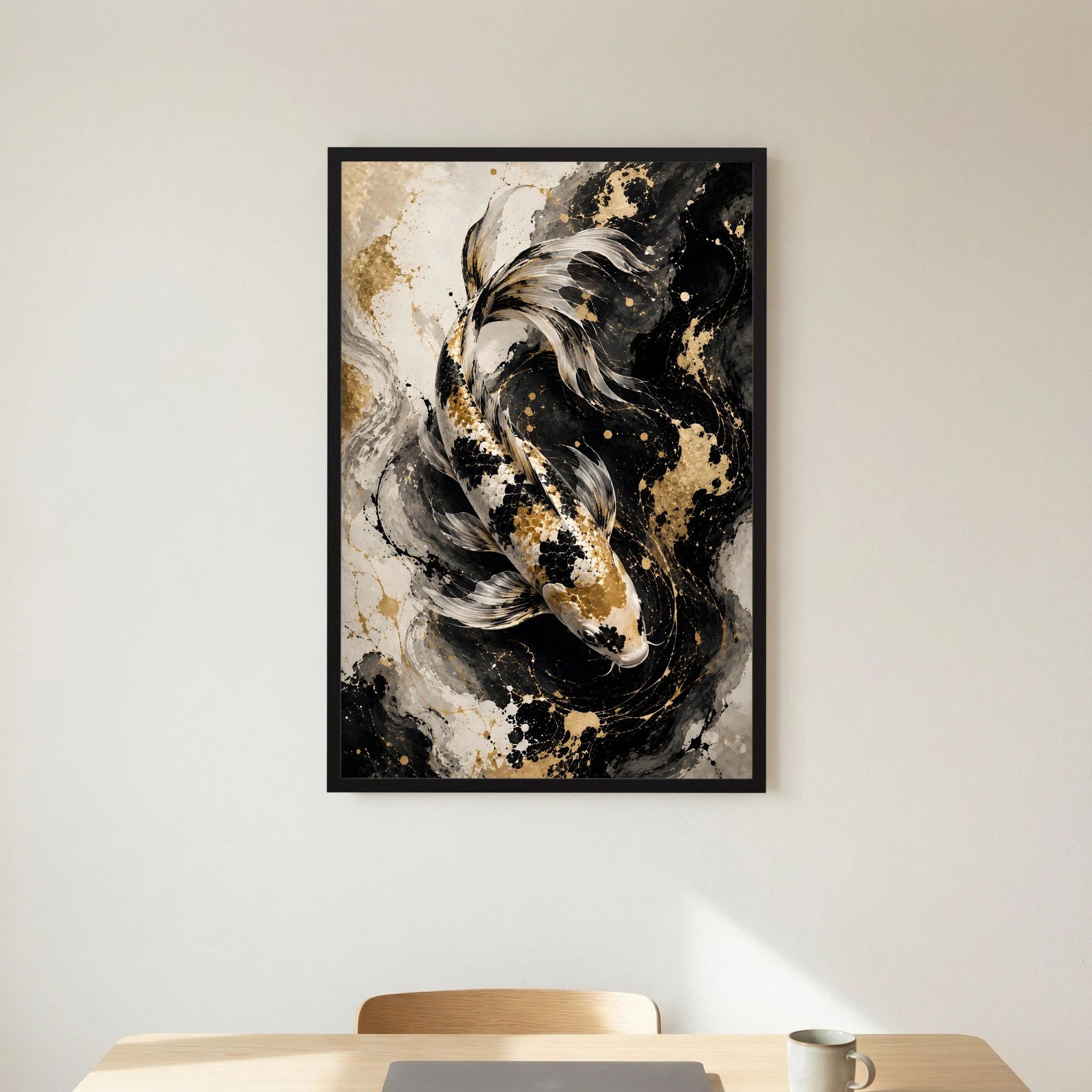 Koi-Wandposter im schwarzen Rahmen mit goldenen Sprenkeln und weißen Federstrichen