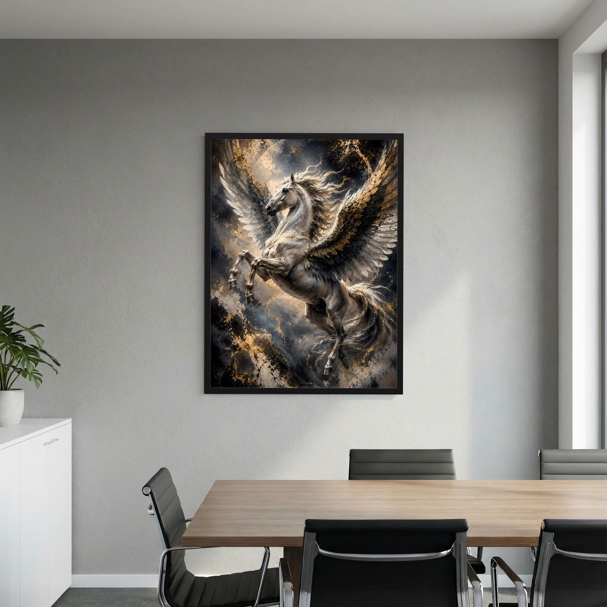 Poster mit Pegasus und goldenen Akzenten, Flügel ausgebreitet, schwarzer Rahmen