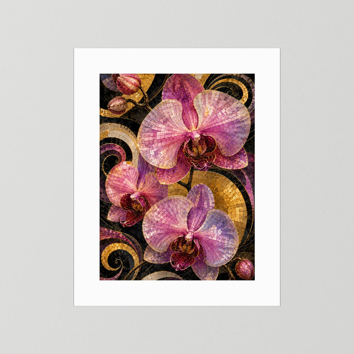Hochformatiges Kunstposter ohne Rahmen, mit weißem Passepartout und rosa Orchideen.