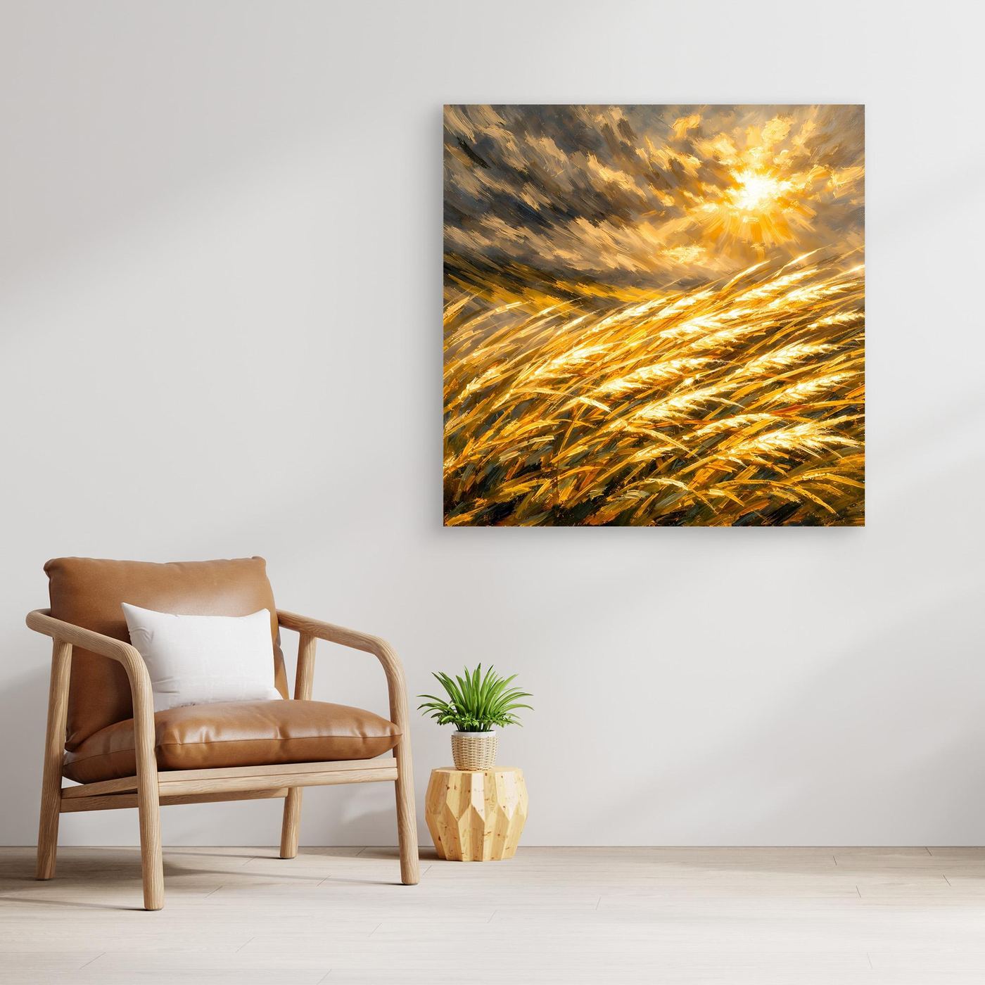 Leinwandbild mit goldenem Weizenfeld und abstraktem Sonnenuntergang im hellen Holzrahmen