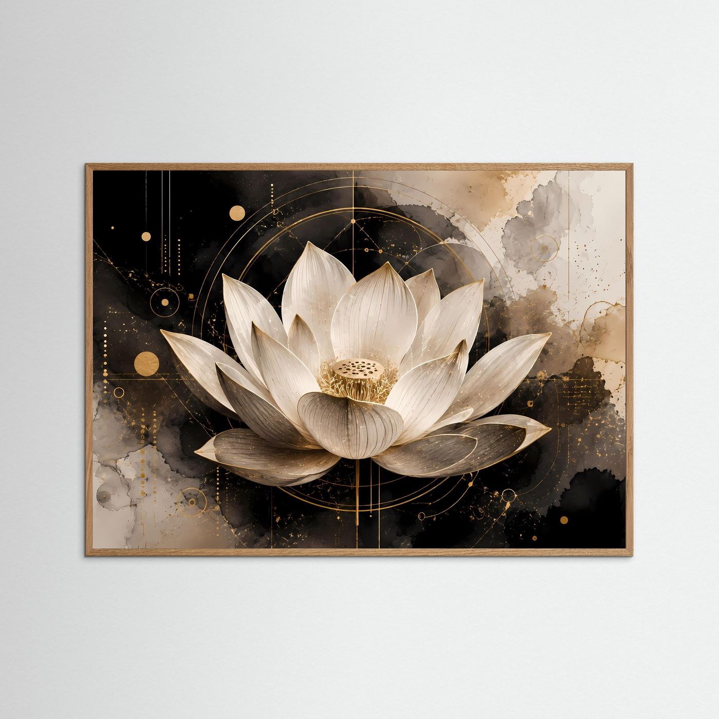 Querformat-Poster mit Lotusblüte in Weiß, Schwarz und Gold im naturfarbenen Eichenrahmen