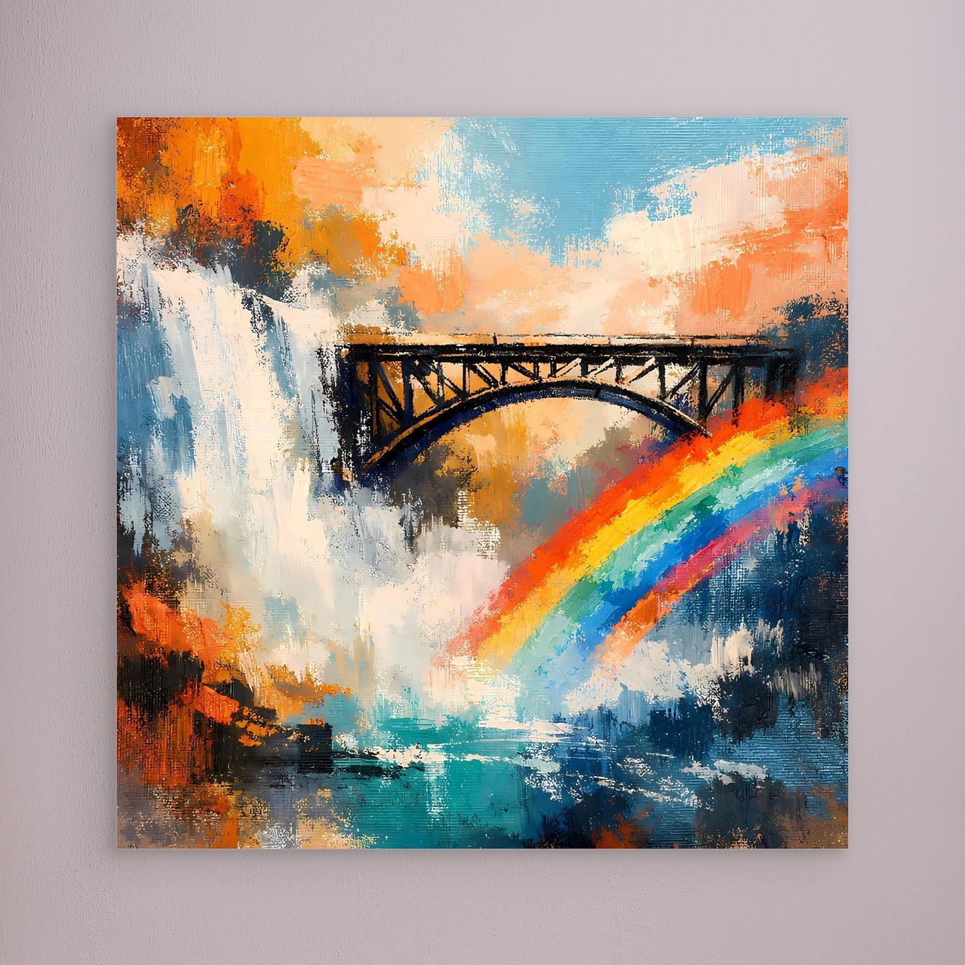 Abstraktes Leinwand-Wandbild: Wasserfall, Brücke & Regenbogen, ohne klaren Rahmen