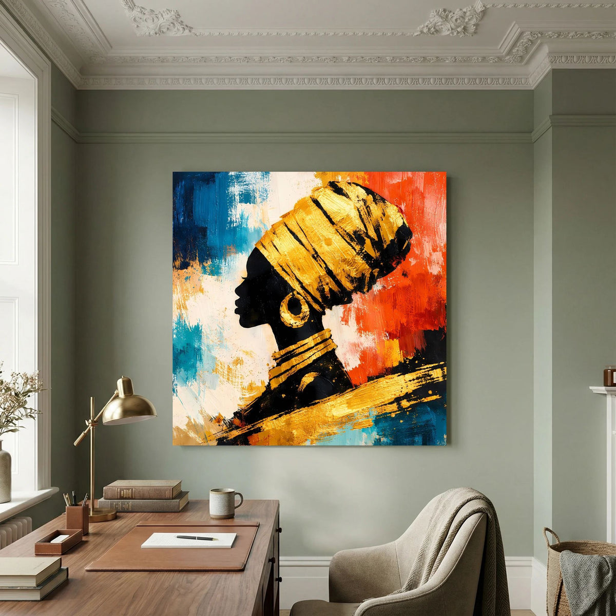 Leinwand-Wandbild mit abstraktem Kopfprofil in Blau, Rot und Gold vor dunklem Hintergrundbildstil