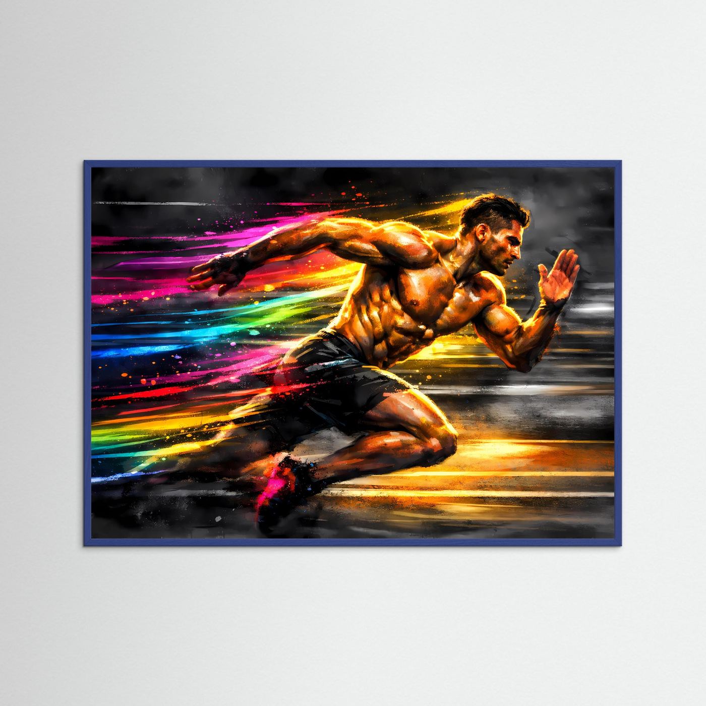 Sport-Poster mit Sprinter-Paar im Neon-Splash-Stil, blauer Rahmen