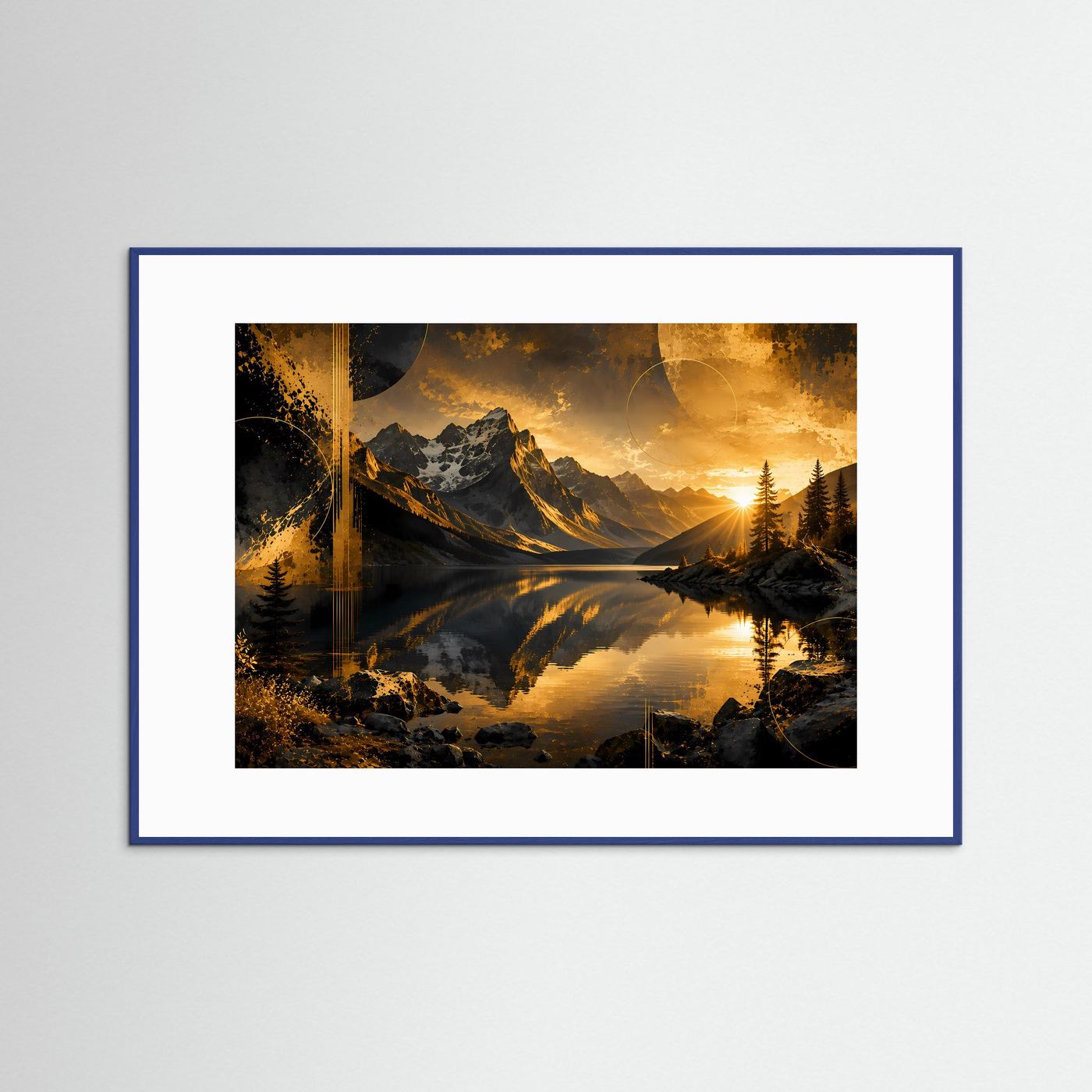Poster Querformat: Berglandschaft bei goldenem Sonnenuntergang, goldene Sonne, blauer Rahmen