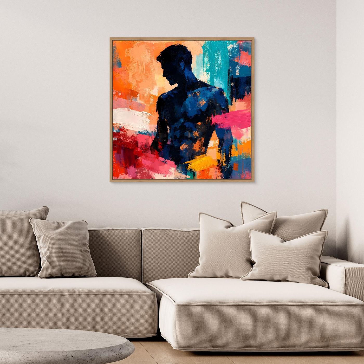 Abstraktes Leinwand-Wandbild mit maskuliner Silhouette, bunte Farbflecken, Holzrahmen
