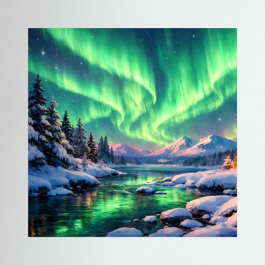 Leinwandbild auf Holzkeilrahmen mit grünen Polarlichtern über verschneiter Flusslandschaft