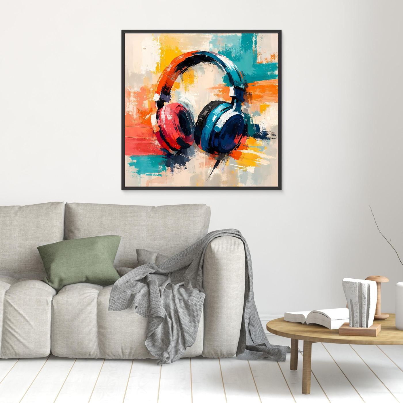 Black-framed canvas wall art with colorful abstract over-ear headphones
