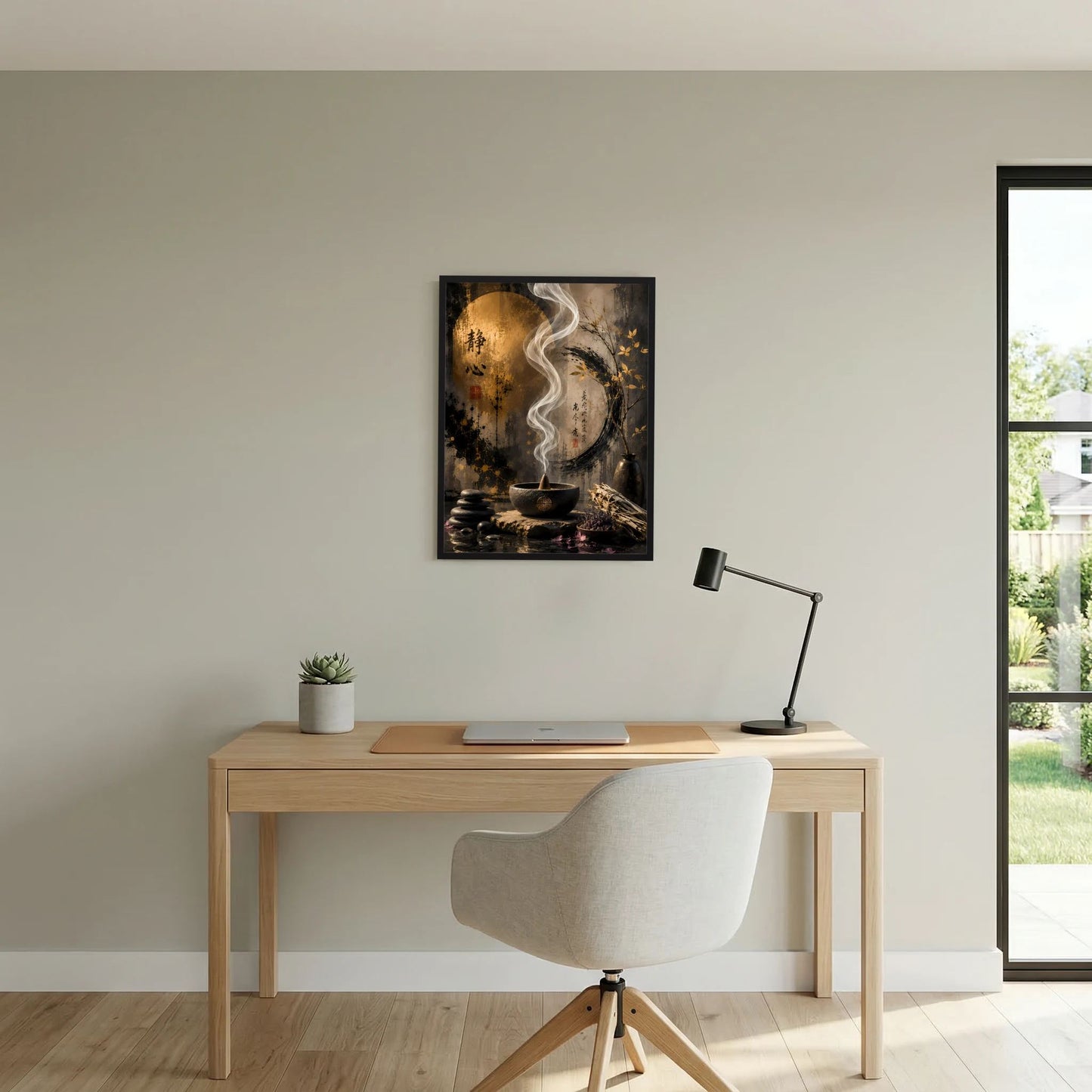 Wandposter im Rahmen: goldener Kreis mit Räucherstäbchen-Szene, Rauchlinien und Schale