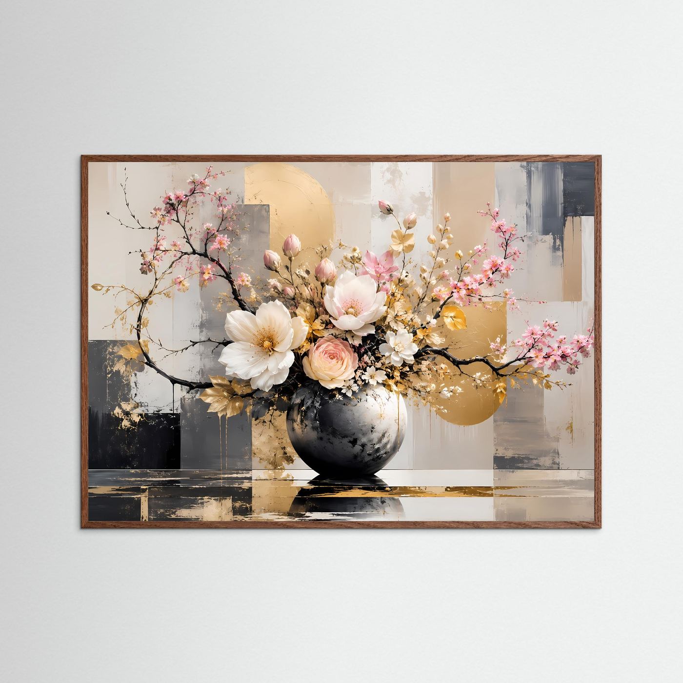 Elegantes Blumenarrangement in Gold & Weiß | Modernes Florales Wandbild Querformat