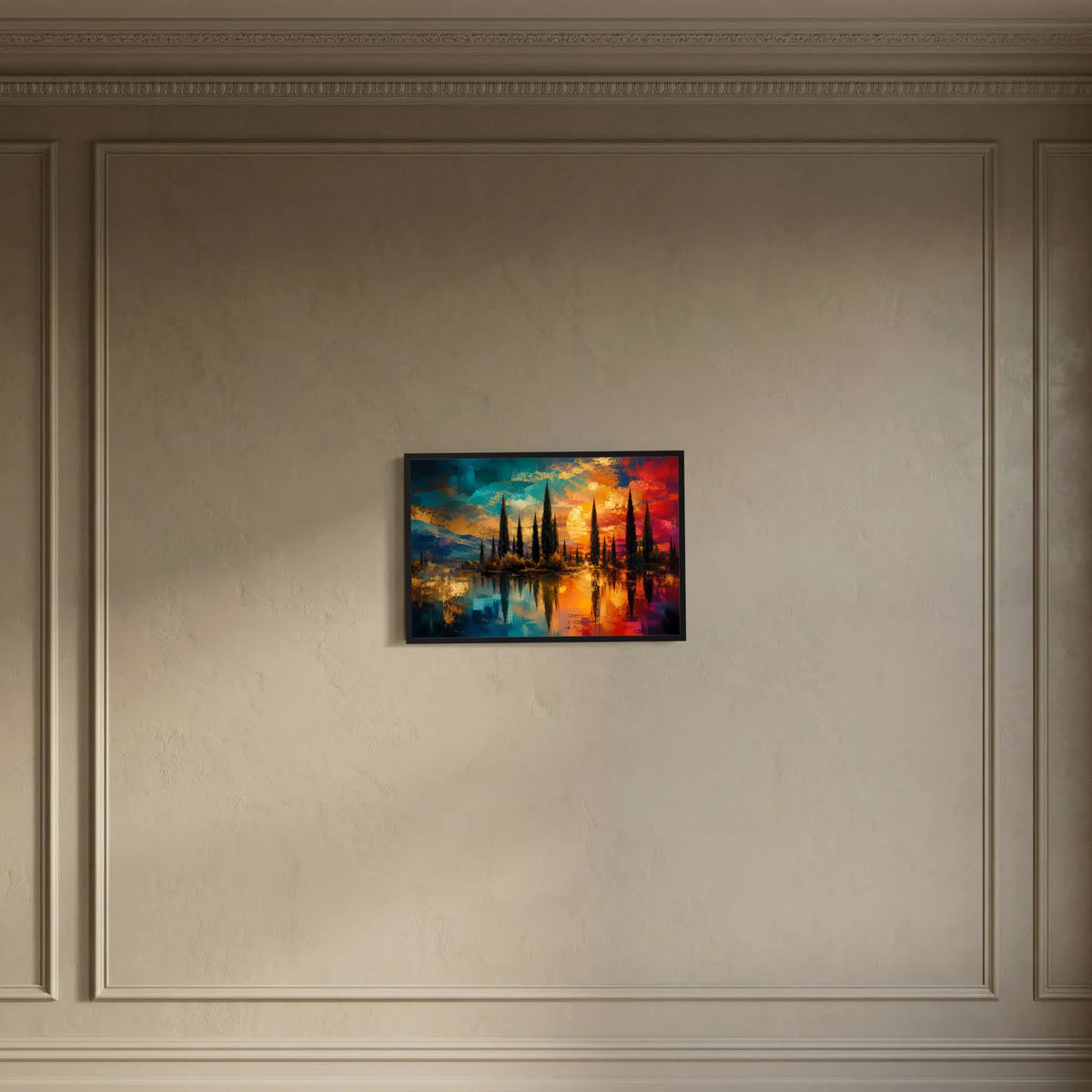 Kleines gerahmtes Poster: abstrakte Zypressenlandschaft im Querformat, Sonnenuntergang, schwarz gerahmt