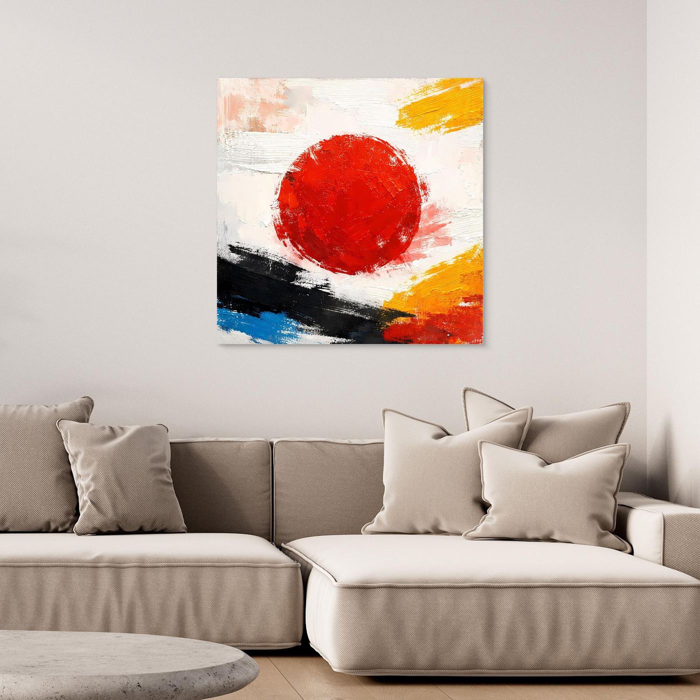 Abstraktes Leinwandbild mit roter Kreisform und Pinselstrichen in Gelb, Schwarz und Blau