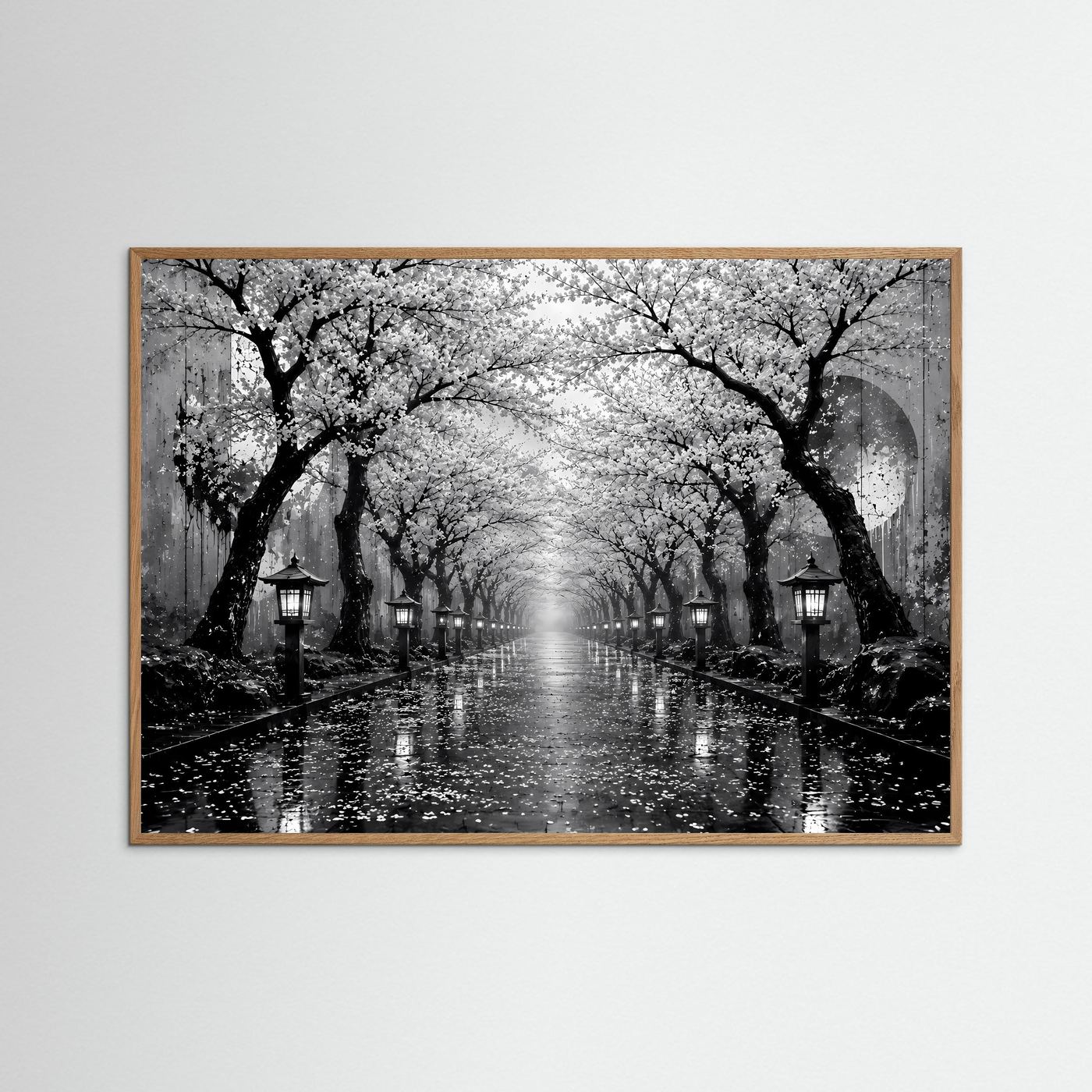 Kirschblütenallee Schwarz-Weiß | Japanisches Wandbild mit Laternen im Regen