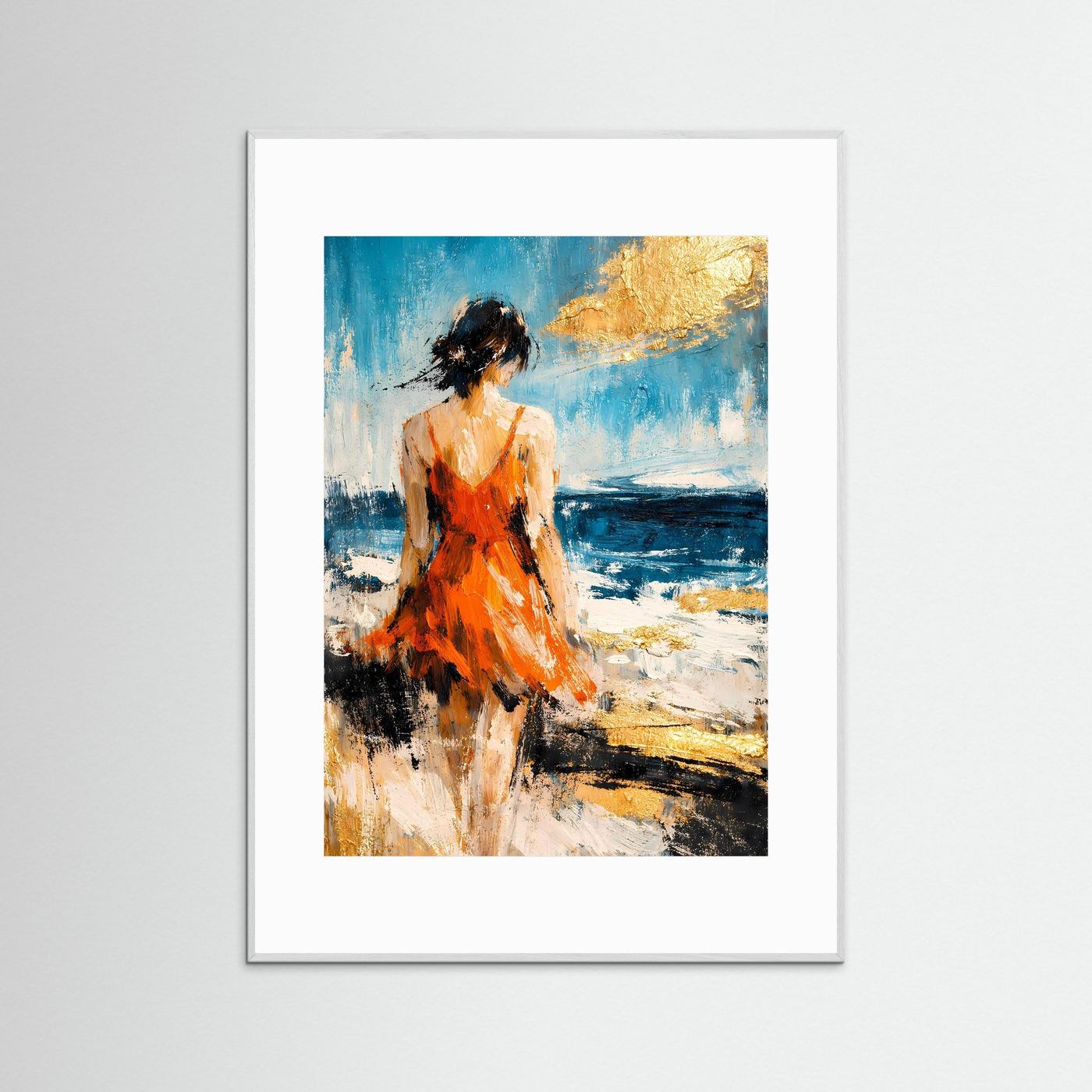 Kunstposter Hochformat: abstrakte Strandszene, Frau im orangefarbenen Kleid, weißer Rahmen