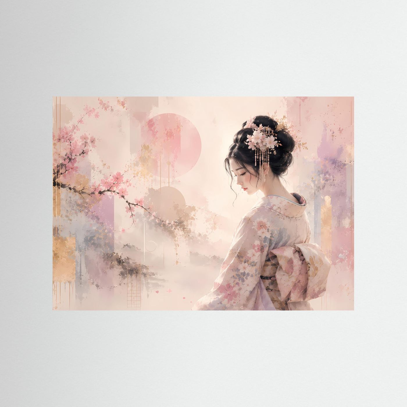 Japanische Geisha mit Kirschblüten | Elegante Pastell Kunst