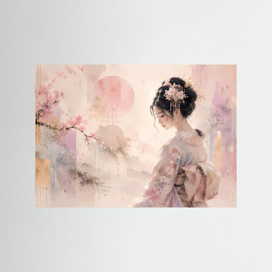 Kunstdruck: japanische Geisha mit Kirschblüten im Pastell, seitliche Ansicht
