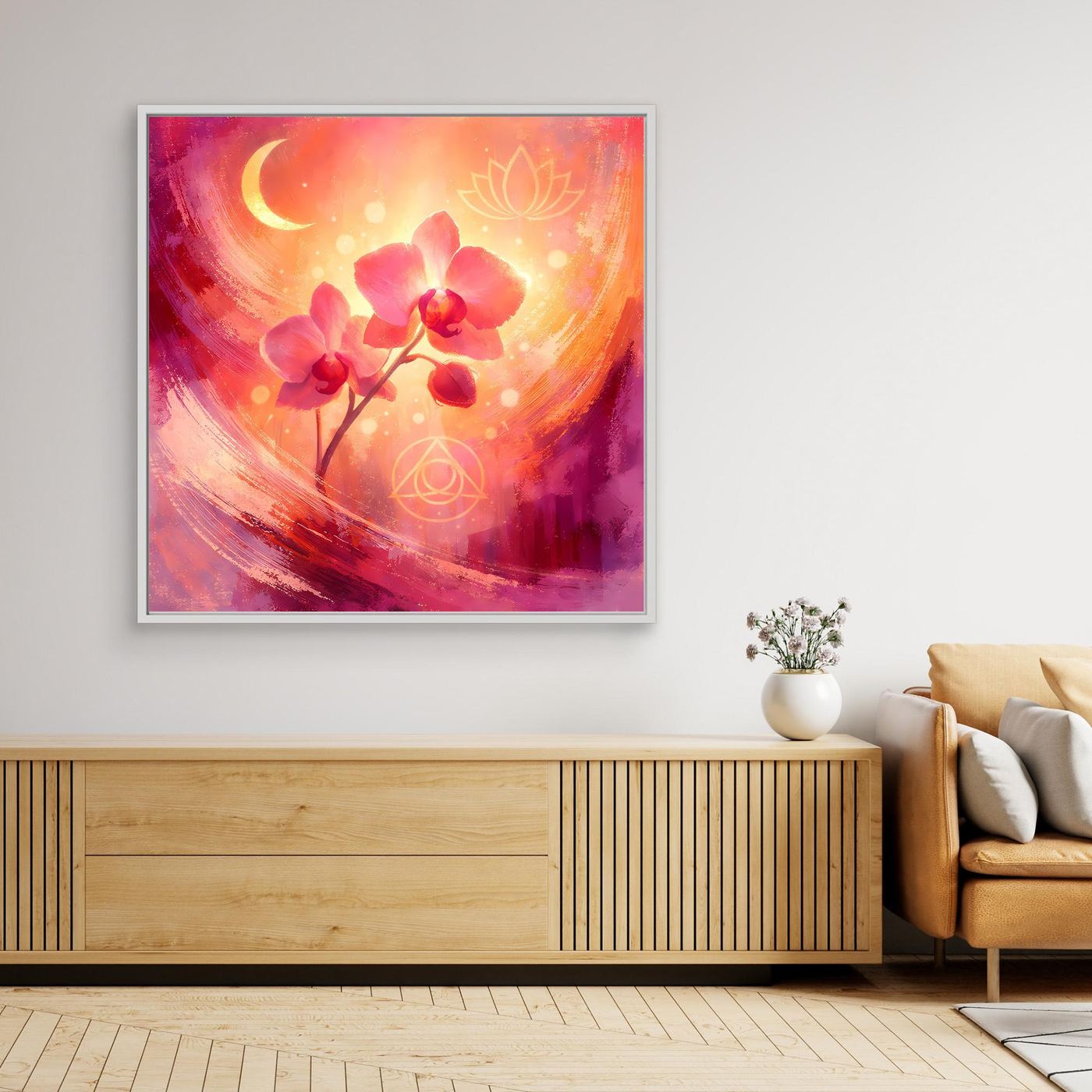 Abstraktes Wandbild: Orchidee, Mond und Mandala-Linien in Rosa-Lila, weißer Rahmen